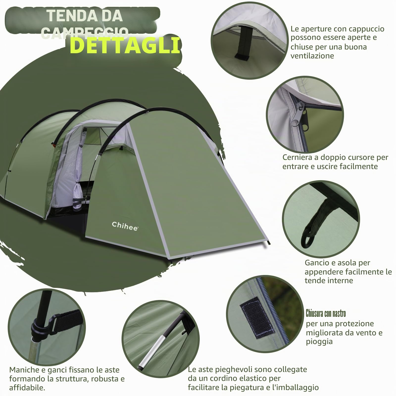 Chihee Tenda da campeggio a tunnel per 4 persone, tenda familiare con 2 ante, resistente alle intemperie, 4 stagioni, tenda con veranda schermata, tenda da sole inclusa, borsa per viaggi, attività