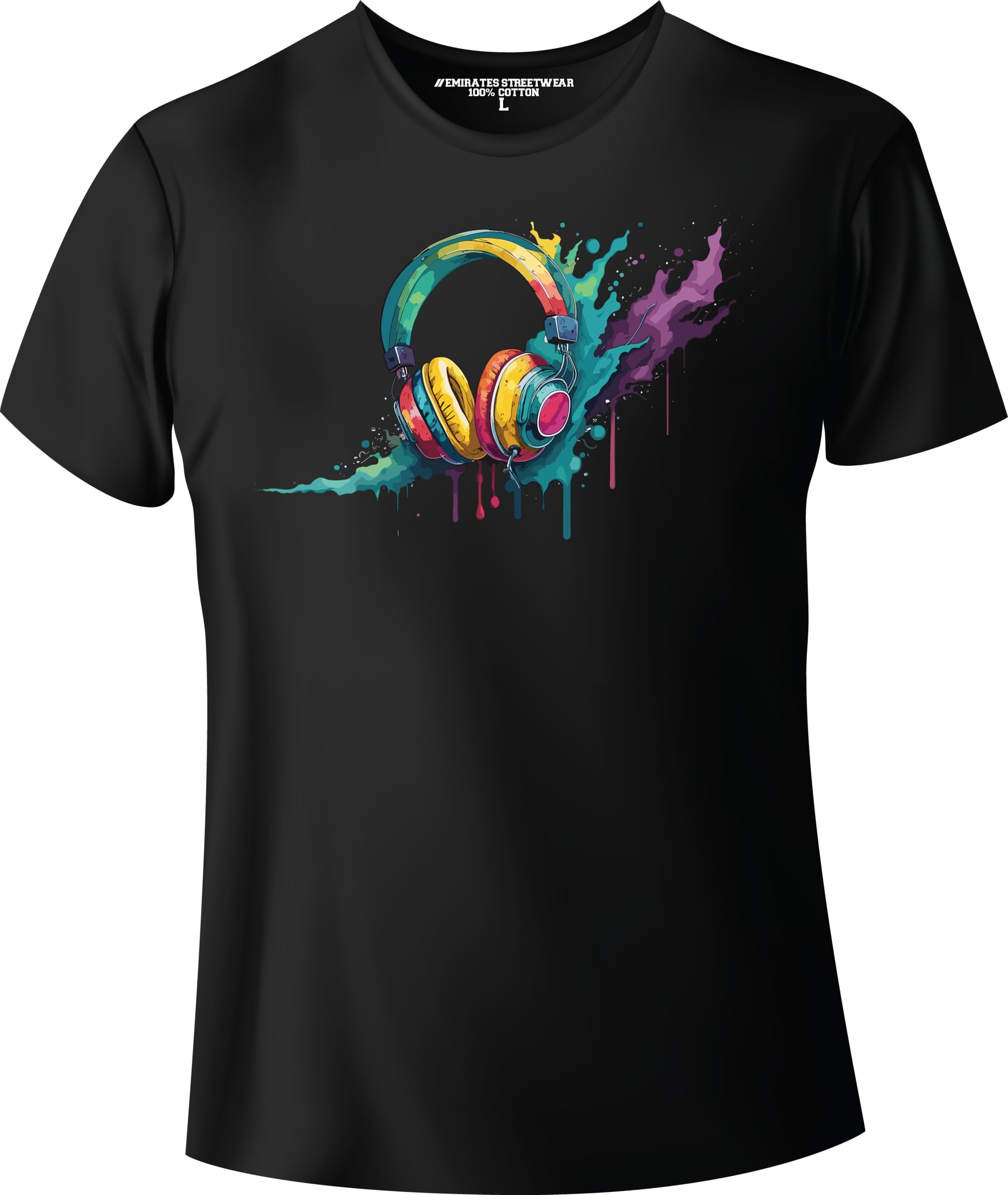 Emirates StreetwearColorful Headphone Graphic T-Shirt, Vibrant Music Lover Tee for Men or Women, Unisex, 100% Cotton, D-002