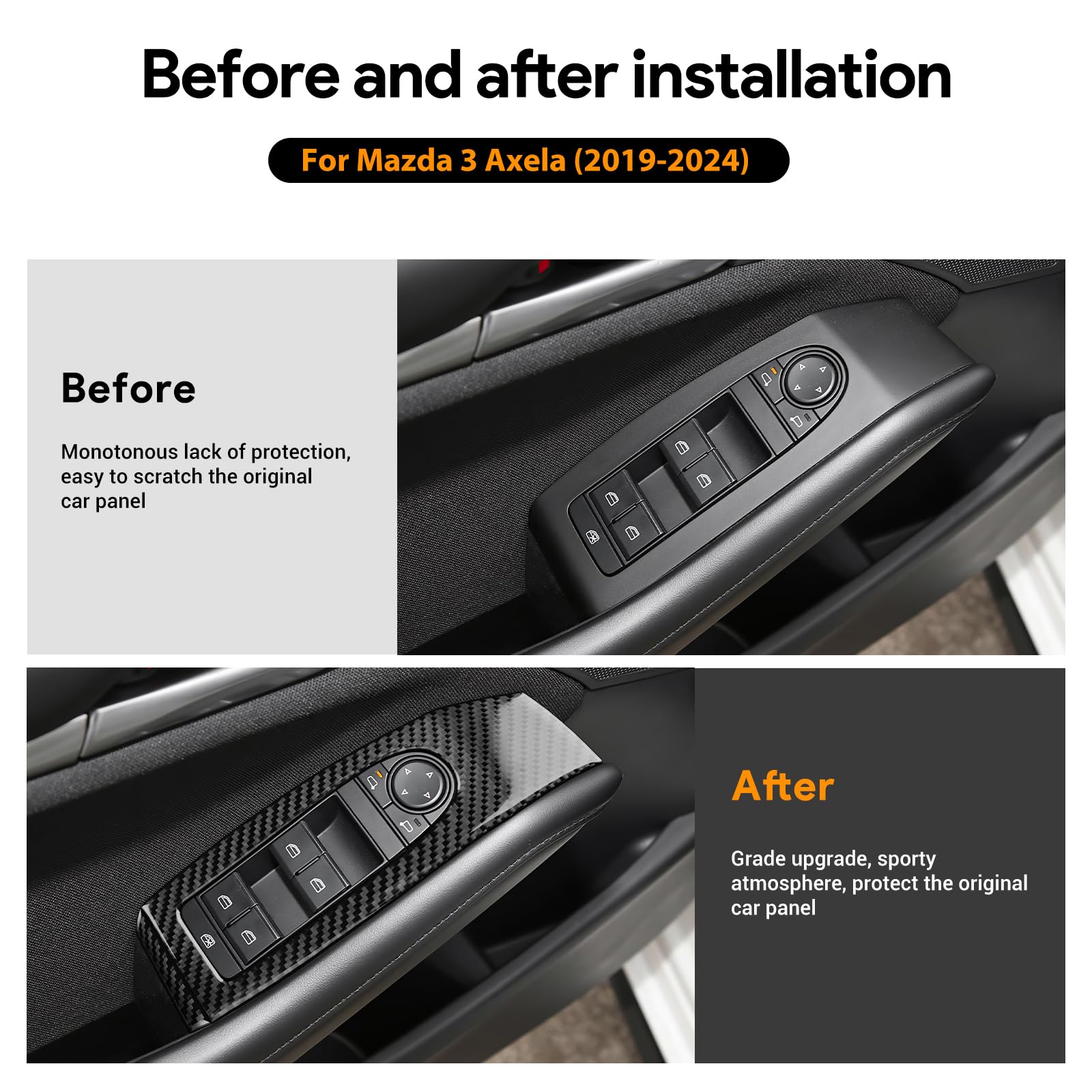 KUNGKIC Pannello di copertura del pulsante del regolatore del finestrino dell'auto in fibra di carbonio per porta anteriore per Mazda 3 Axela 2019 2020 2021 2022 2023 2024 2025 Accessori interni auto