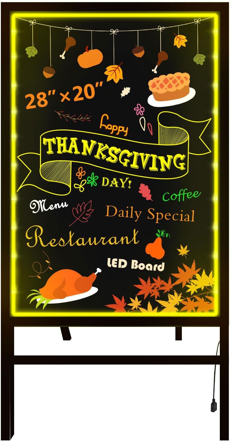 Woodsam Standing LED Board Sign - First Illuminated Easel with Neon Chalk Marker - Rustic Steel Vintage Decor for School, Wedding, Bar, Restaurant, Kitchen, and Home