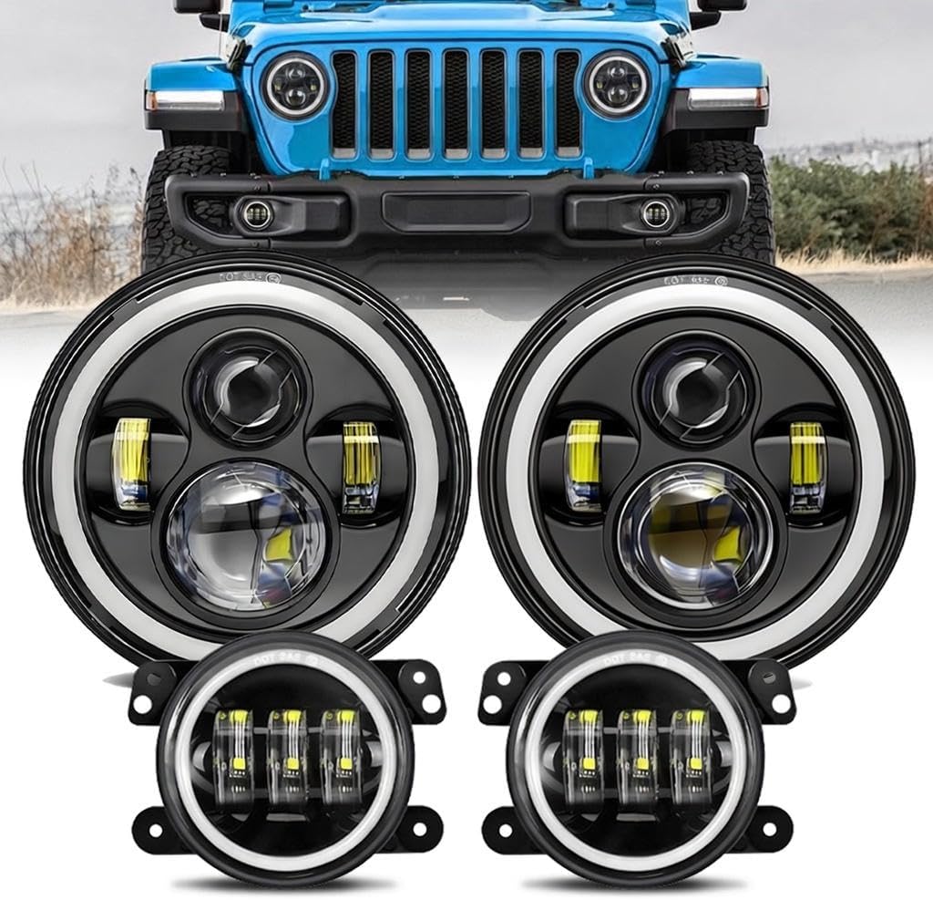Jeep wrangler headlight,7" LED Halo Headlights for Jeep Wrangler JK JKU TJ LJ CJ 2007–2017, DOT Approved Hi/Lo Beam, White DRL & Amber Turn Signal, 1 Pair (Black)