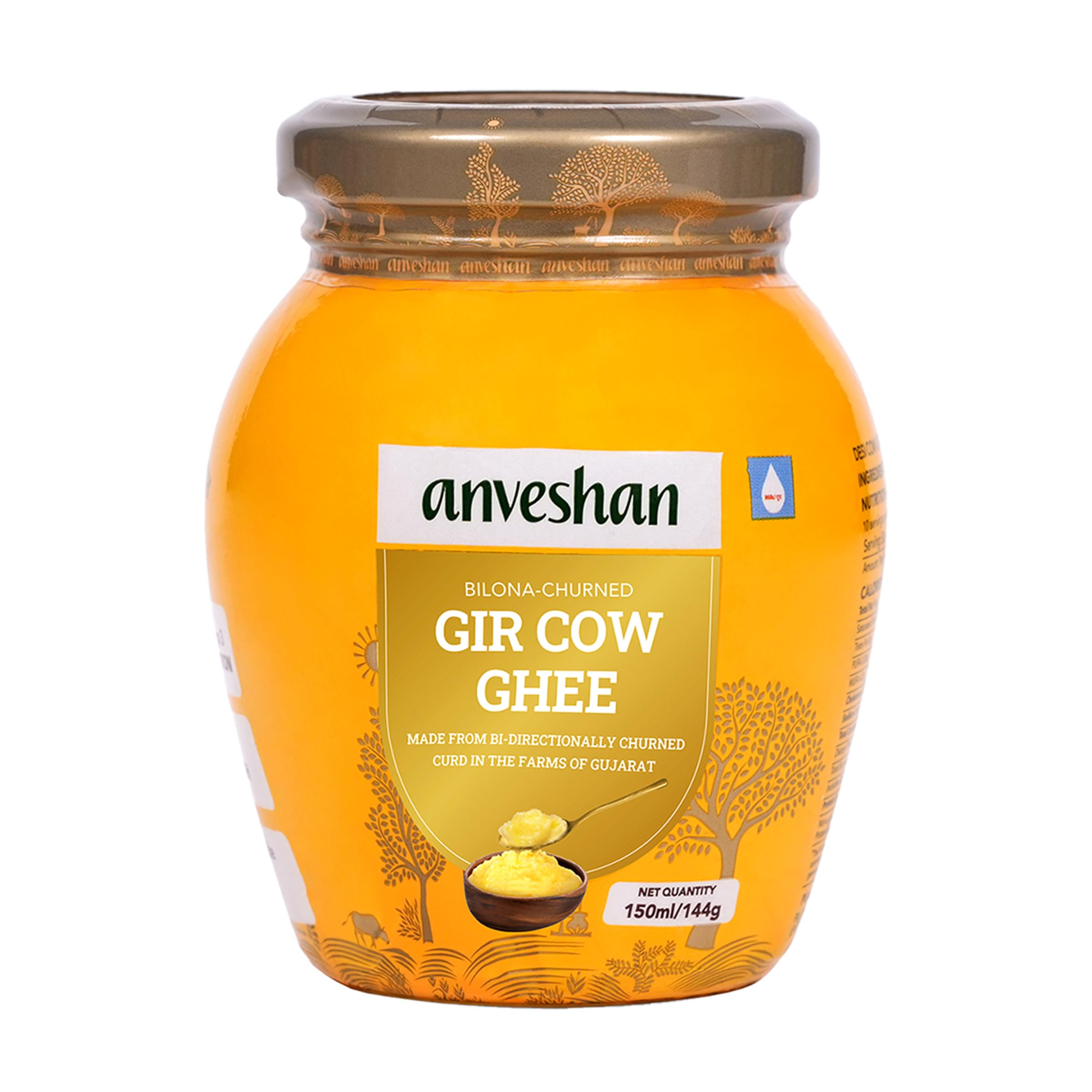 Anveshan A2 Gir Cow Desi Ghee 150ML | Bilona Method | Curd-Churned & Cultured | Pure & Natural | Danedar Texture | Lactose-Free, Gluten-Free | Grass-Fed | Lab Tested | Glass Jar