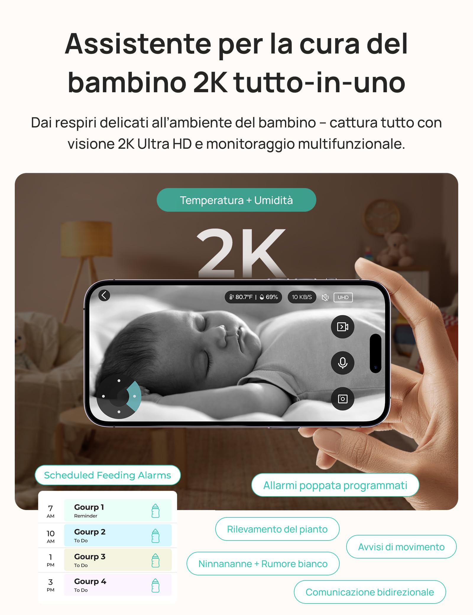 Dr.Care LumiView Plus Baby Monitor WiFi con Supporto Clip – Schermo 5.5", Telecamera 2K, Modalità Privacy, Batteria Rimovibile 5000mAh, Luce RGB (1 Telecamera + 1 Monitor + 1 Supporto Clip)