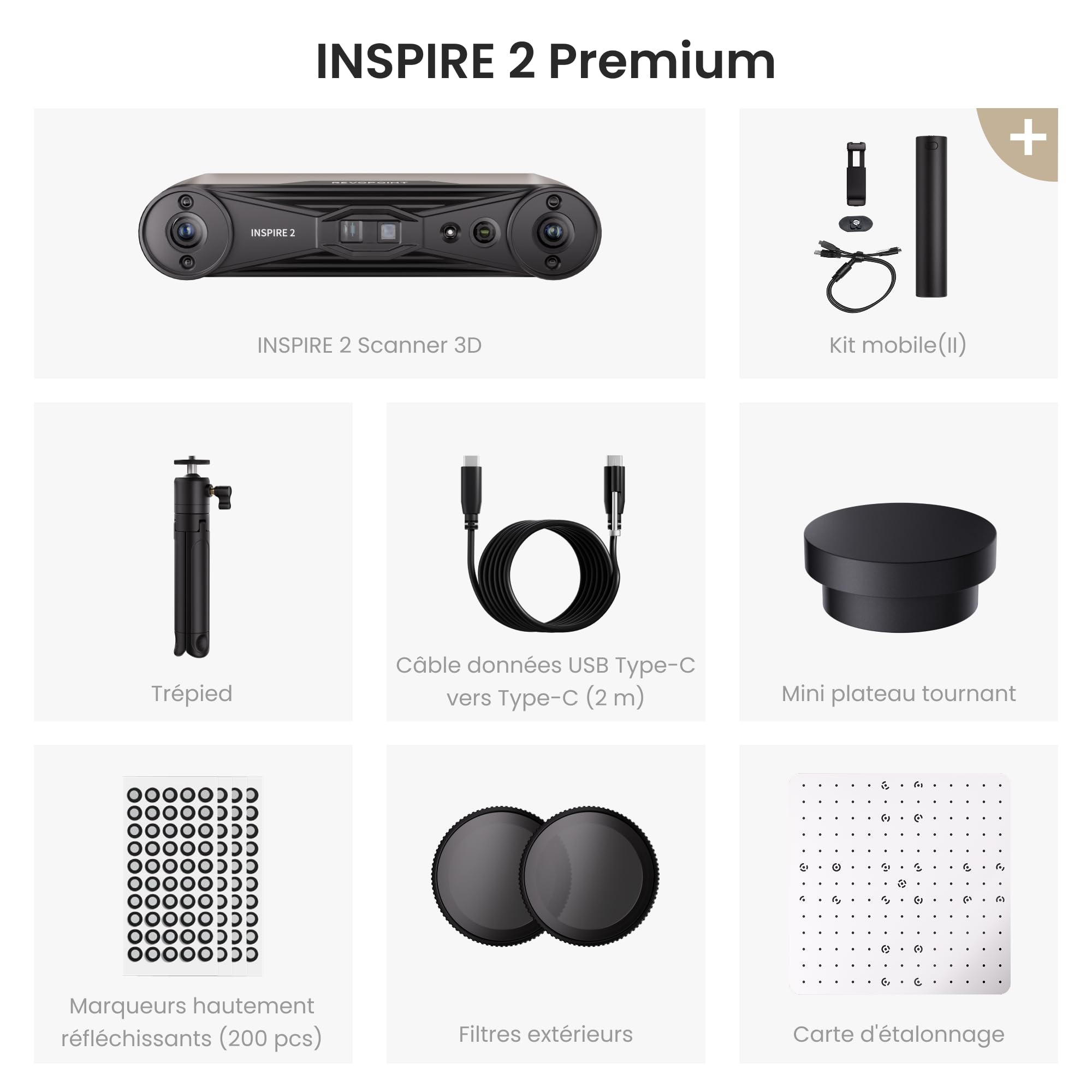 Revopoint INSPIRE 2 Scanner 3D pour impression 3D, précision jusqu’à 0,03 mm, laser multi-lignes et lumière structurée, numérisation sans fil et en extérieur, scans en couleur, Premium