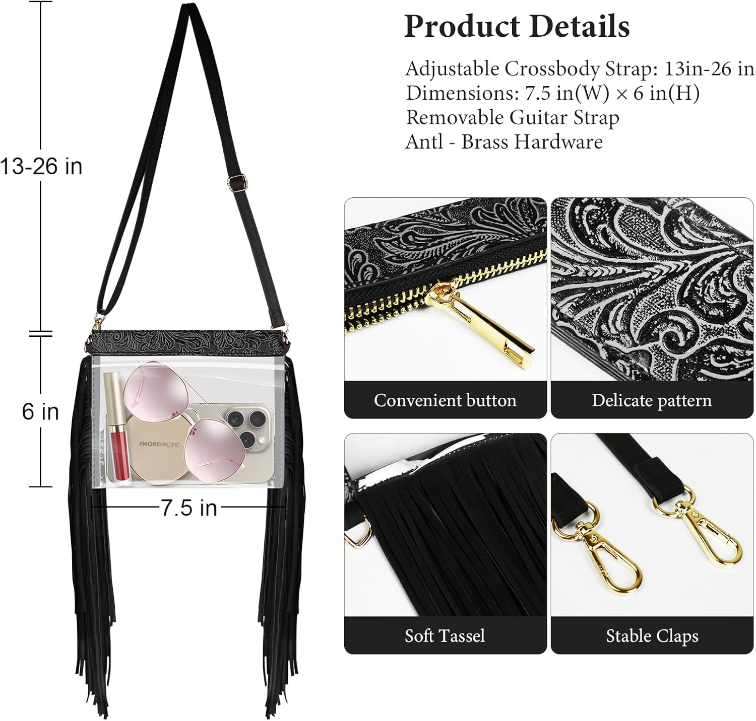 Clear Western Purse with Leather Fringe Trim, Brown Tassel Design, Transparent - Image 5