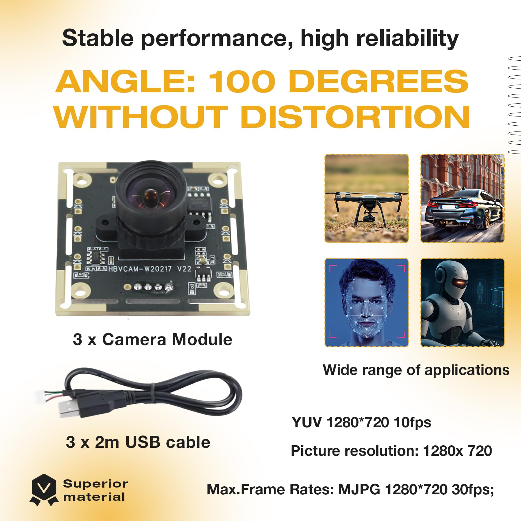 Modulo fotocamera 3 pezzi 100 gradi OV9732, 2 m, 1280 x 720, 30 Fps, per fai da te Autodarts.Io, unità USB gratuita