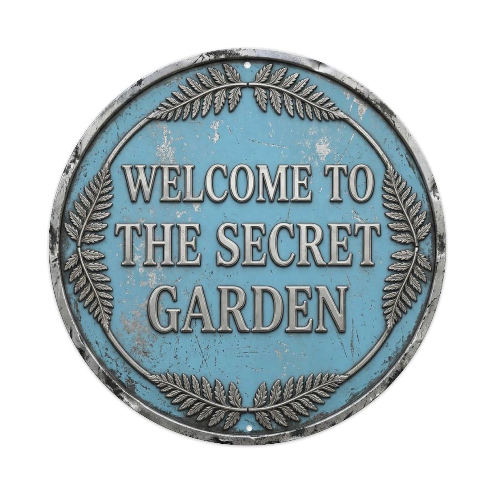 Vintage Welcome Secret Garden Silver Sky Botanical Metal Tin Sign