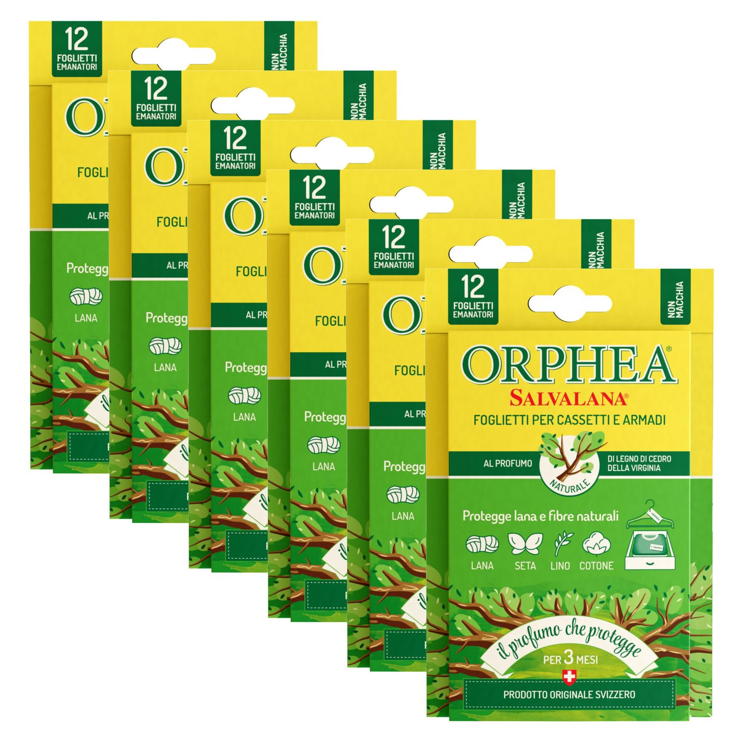 Orphea Salvalana, Foglietti Emanatori per Cassetti e Armadi, per Lana e Vestiti Tutta la Stagione, Profumo di Legno di Cedro e della Virginia, 6 Confezioni da 12 Foglietti