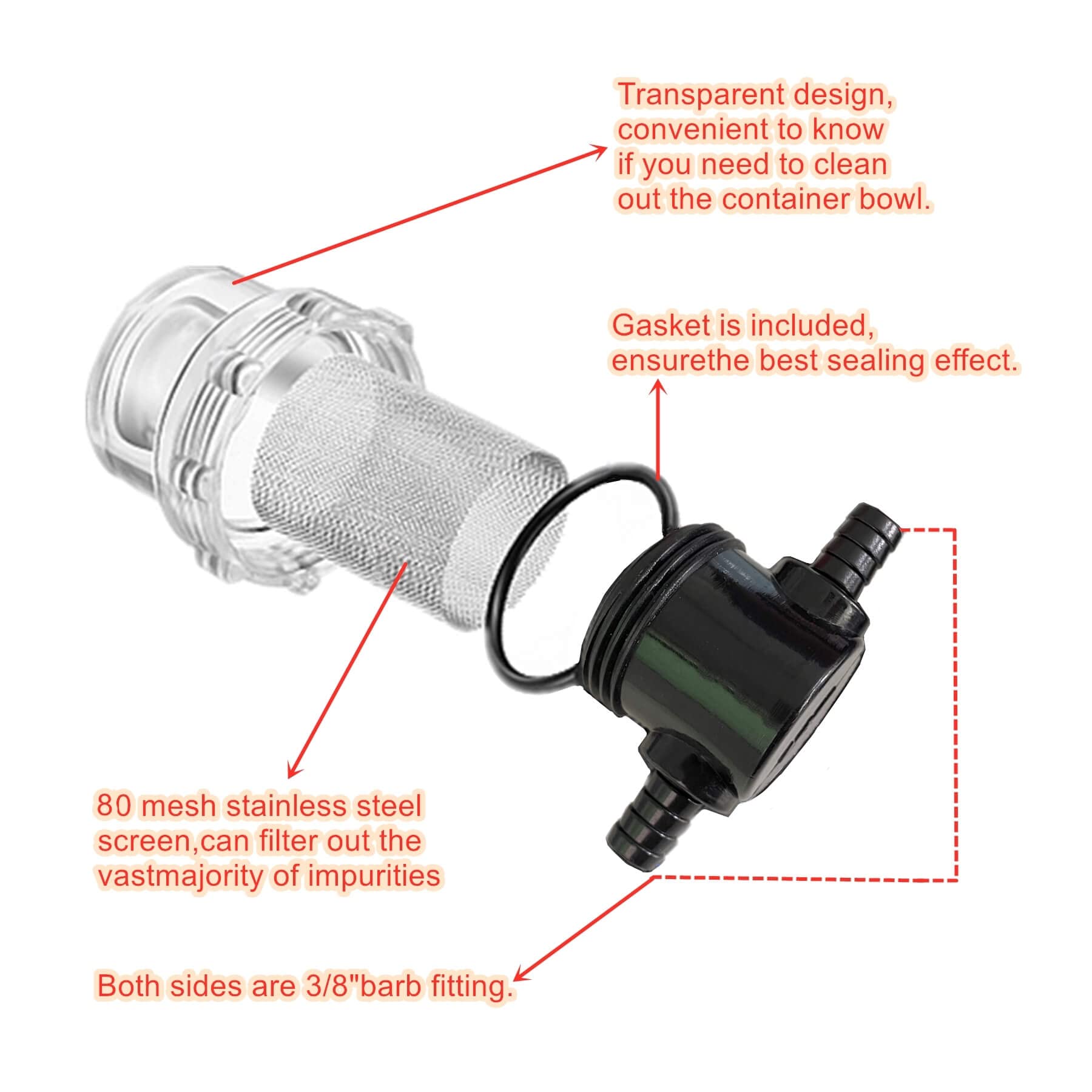 1/2 Inches Water Pump Strainer, RV Water Pump Filter Compatible with 3/8 Inches Hose Barb In-Line Strainer Twist-On Pipe Sprayer for 12V DC 80 PSI Camper Marine Boat Lawn, 80 Mesh Filter 2PC — Amazon image 3