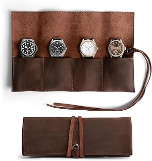 منظم ساعات ملفوف للسفر من الجلد بتصميم ريفي يحمل ما يصل إلى 4 ساعات مصنوع يدويا من دكتور كي، لون بني بوربون