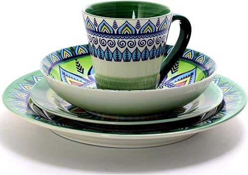 Vista 3 de Elama 's Zen Green Mozaik - Vajilla de cerámica de 16 piezas con servicio para 4 invitados