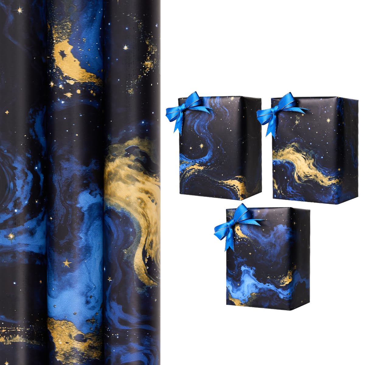 3 Rolls Black and Blue Gift Wrapping Paper, 43cm*3M Starry Sky Wrapping Paper for Birthday, Valentine's Day Gift Decoration — image 1