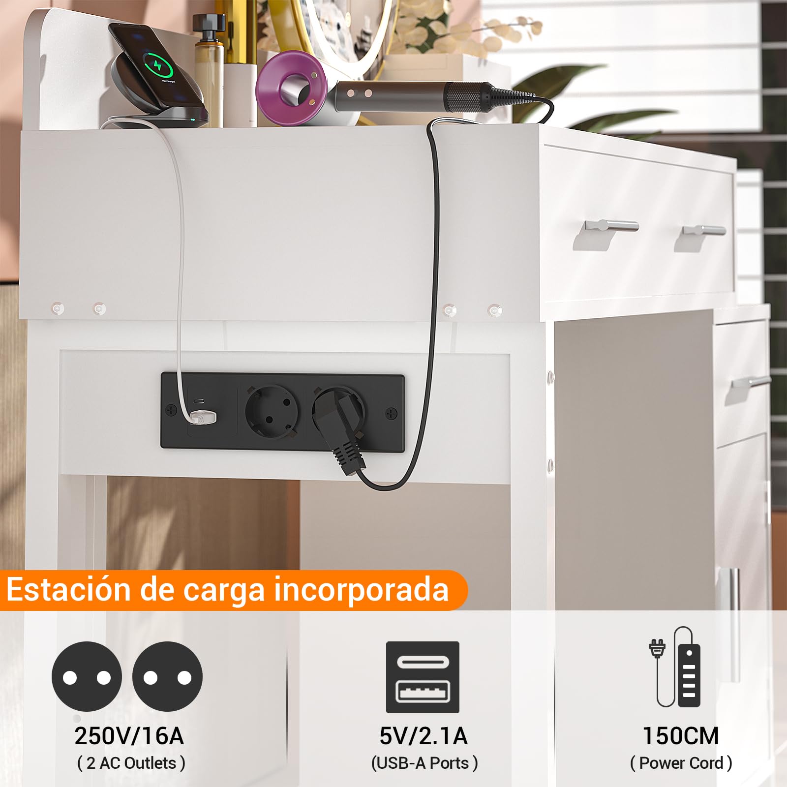 iSunirm Tocador de Maquillaje Moderno con 4 Cajones, Mesa Tocador Blanca con Mueble Reversible, Vanity de Maquillaje para Dormitorio, 90x40x76 cm