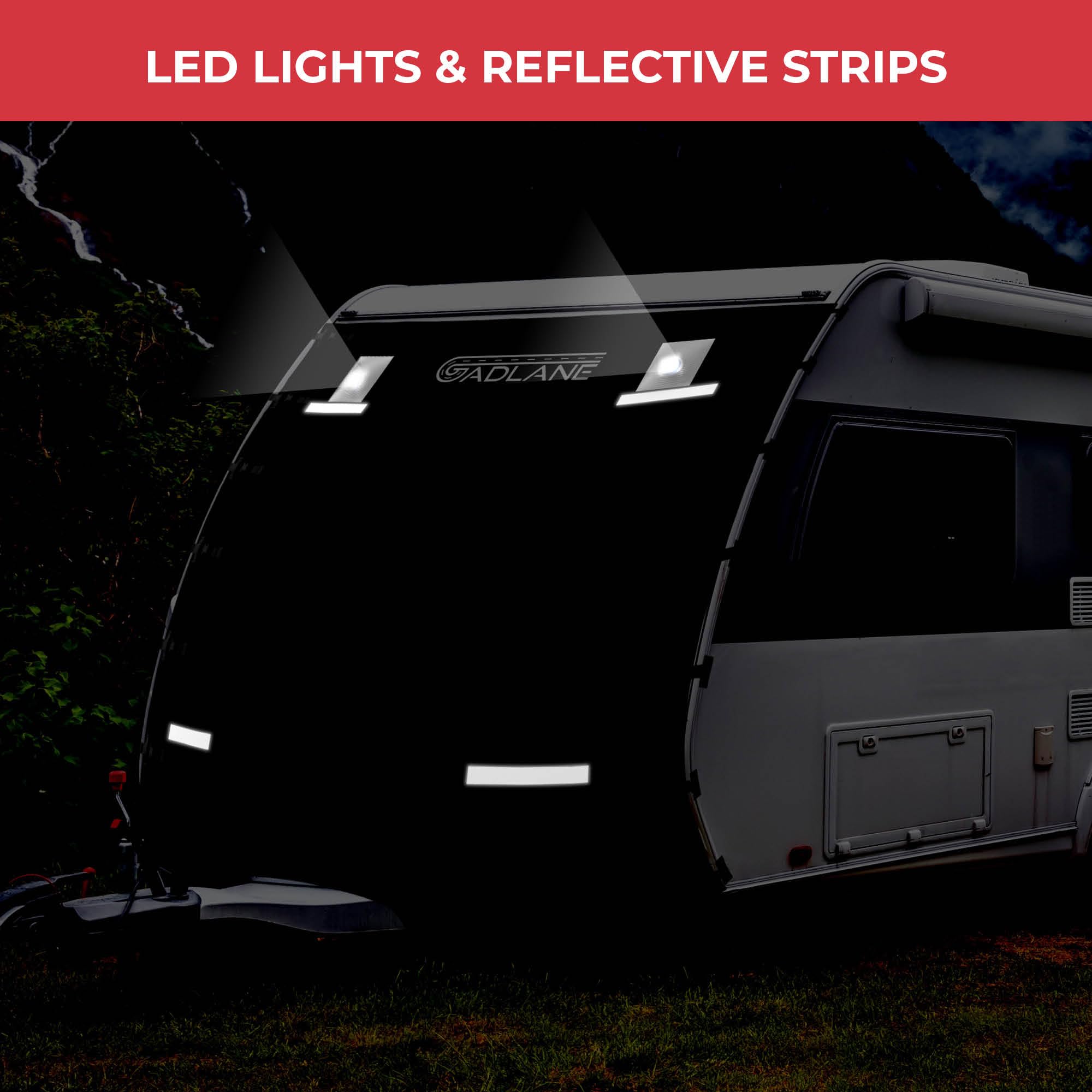 GADLANE Copertura anteriore per caravan, protezione anteriore per rimorchio, con luci LED ad alta visibilità e strisce riflettenti, impermeabile, adatta alla maggior parte delle roulotte – include