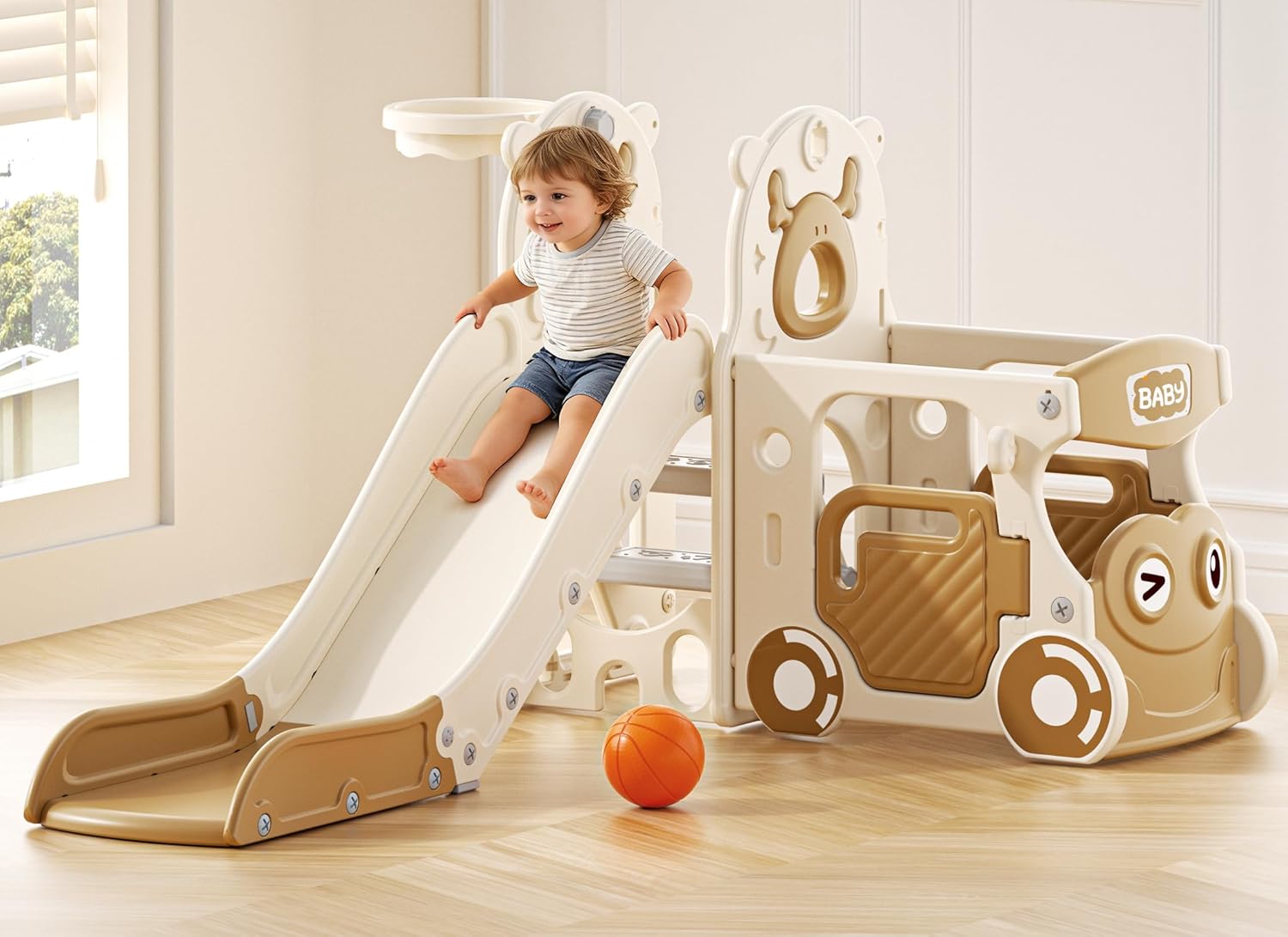 5 in 1 Toddler Slide, Bus Themed Kids Slide with Basketball Hoop, Indoor Outdoor Playset for Toddlers Age 1-3, Beige Coffee