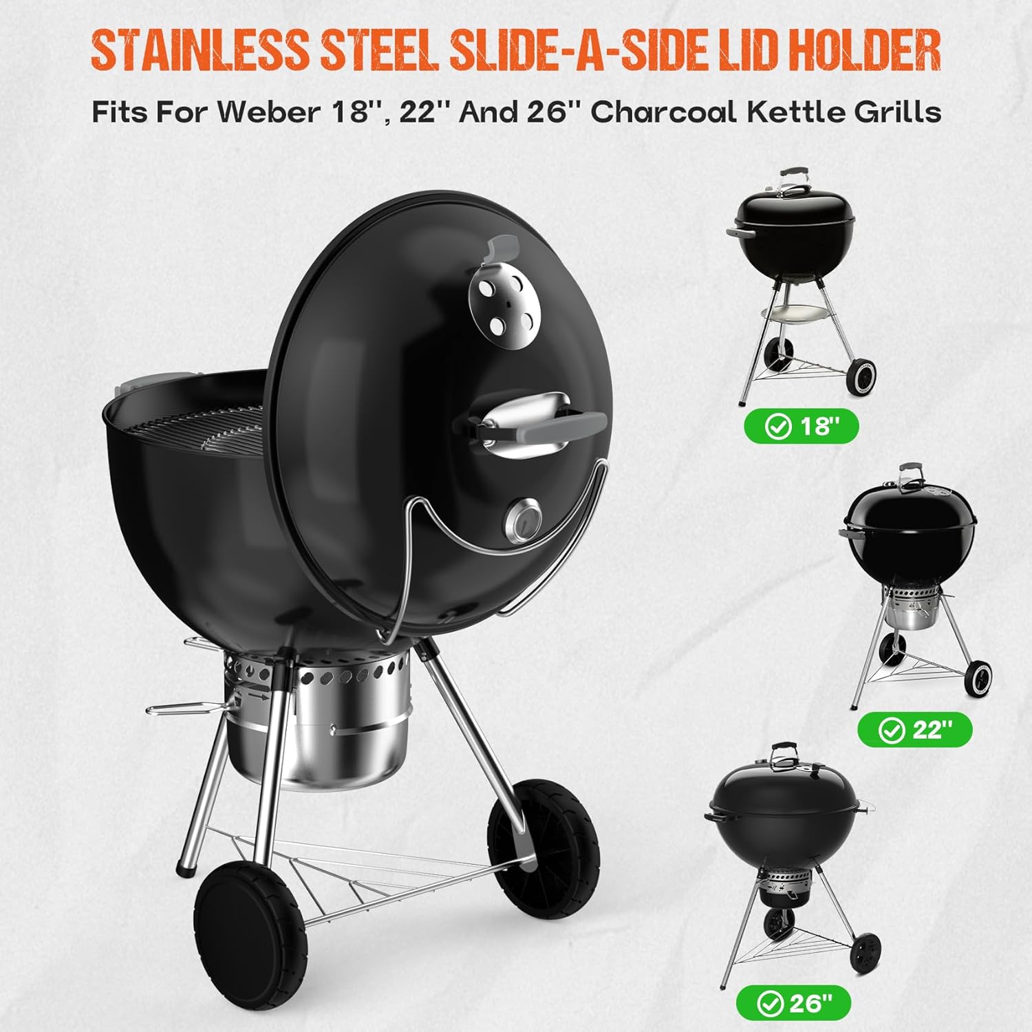 onlyfire Grill Lid Holder, Stainless Steel Slide a Side Lid Prop for All Weber 18”/22”/26” Charcoal Kettle Grills, Charcoal Grill Accessory for Weber Kettle