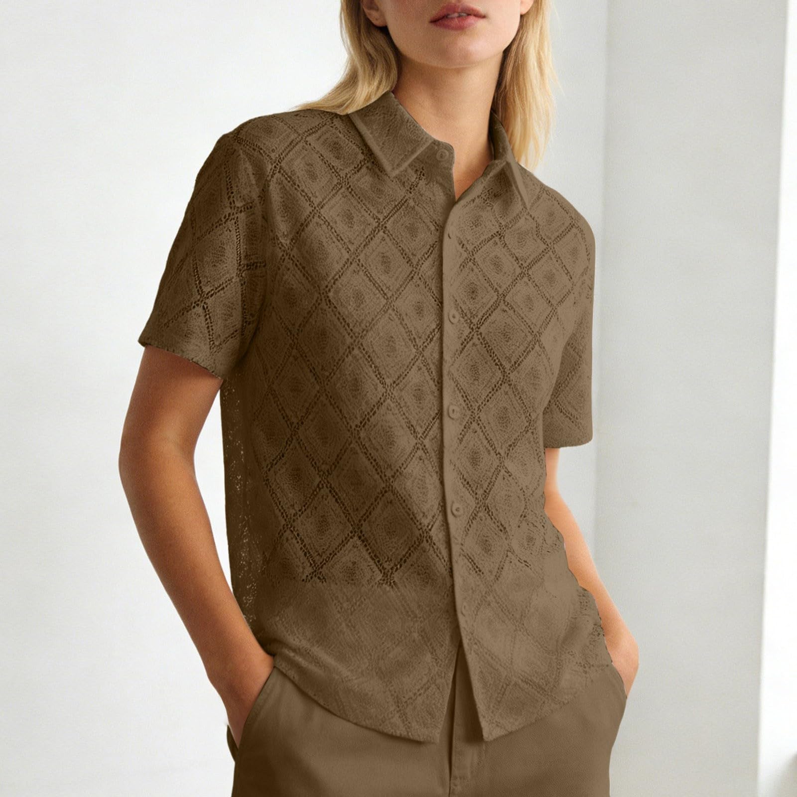 2026 Blusa Elegante para Mujer Verano Camisa Ligera de Encaje Manga Corta con Botones Blusa Informal tamaño diseño Calado Top Transpirable Verano