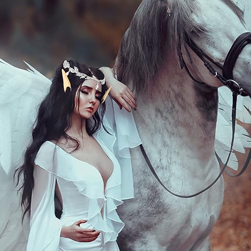 Miniatura 7 de Juego de 8 piezas de disfraz de Halloween de hada con corona de hojas de diamantes de imitación, diadema con diadema de orejas de elfo y 2 pares de