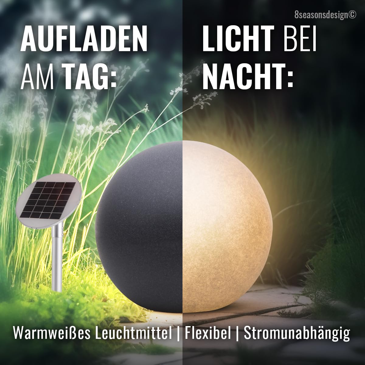 Light Life 8 seasons design Solar Kugelleuchte 30 cm Shining Globe (anthrazit) LED warmweiß, Dämmerungssensor – wetterfest – große Solarlampe für außen (Garten, Terrasse, Balkon) – robust & langlebig