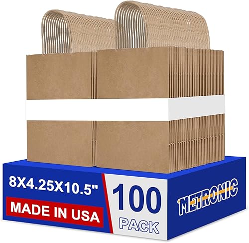 METRONIC Bolsas de regalo de papel de 8 x 4.25 x 10.5 pulgadas, 100 bolsas de papel marrón con asas a granel, bolsa de papel kraft para pequeñas