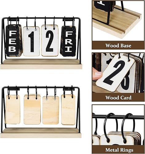 Miniatura 4 de Calendario de escritorio de madera, calendario perpetuo con pantalla grande, calendario diario de escritorio rústico, accesorios de escritorio para