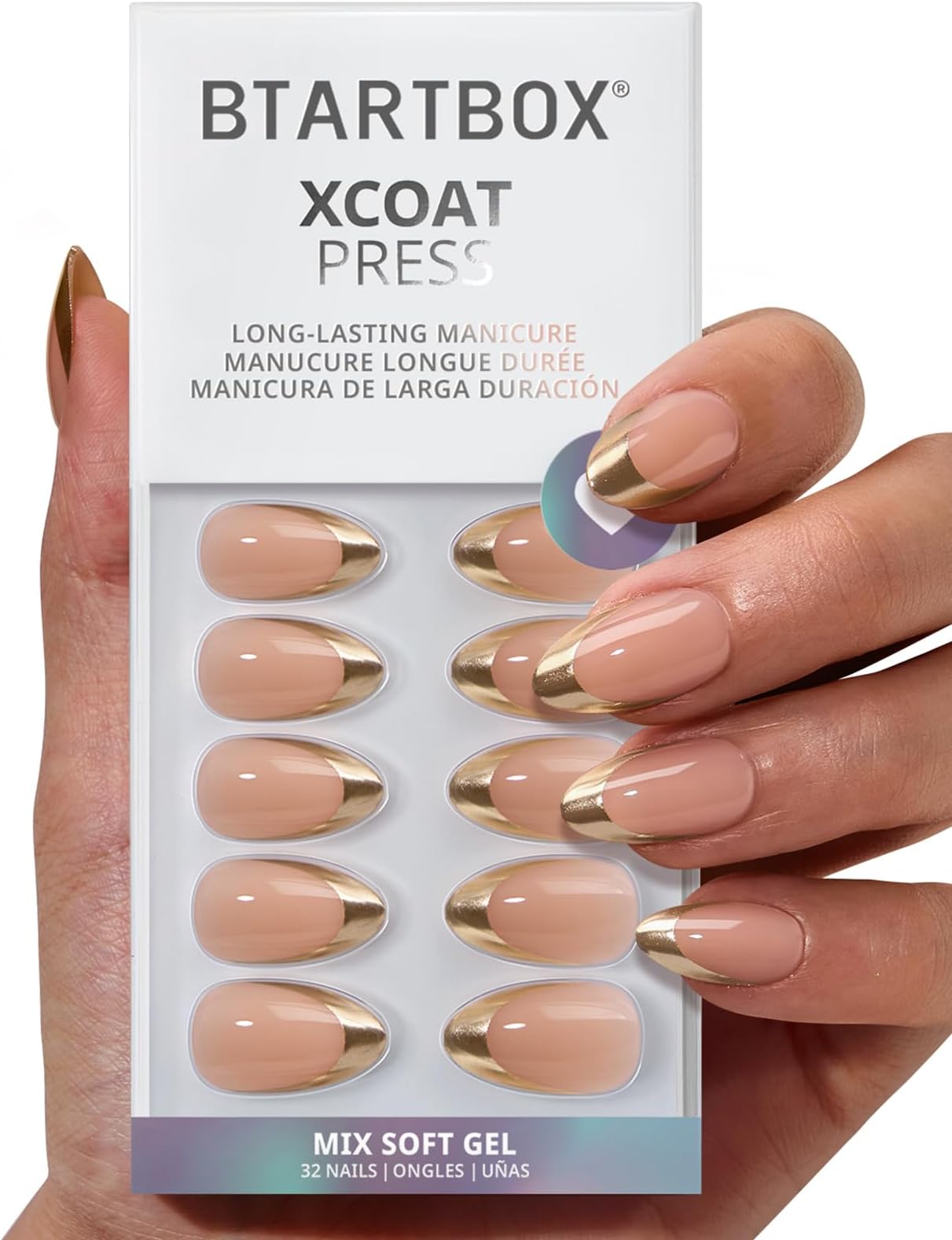 BTArtbox Press On Nails Short - Gilded Countdown, Lamp-Curable Gold French Tip Almond Press On Nails with Glue and Adhesive Tabs for Women in 16 Sizes - 32 Soft Gel Glue On Nails Kit