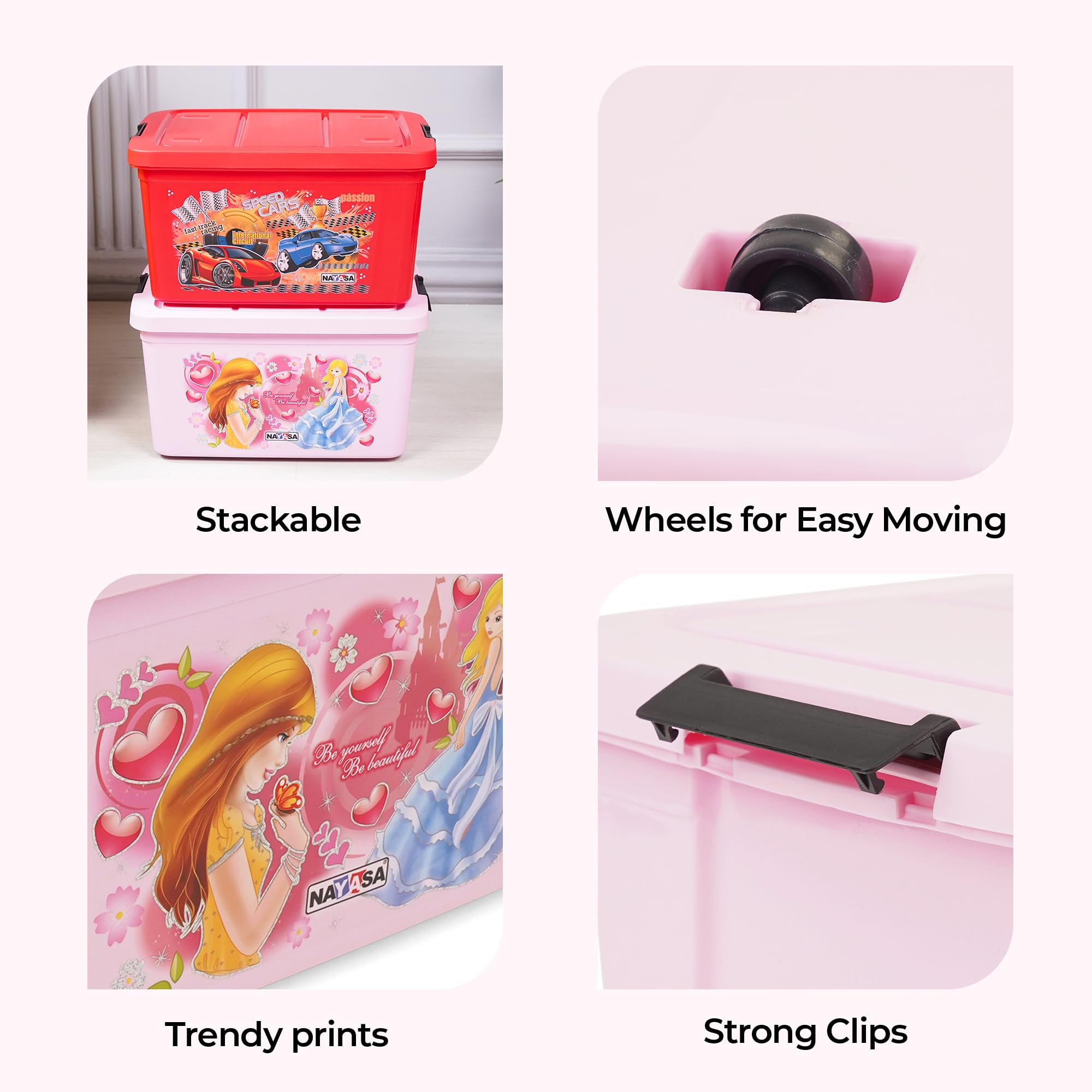 Nayasa Toy Box 50 Ltr With Lid Plastic Storage Box | basket for storage | Toys & Kids Room Use, Pink 2