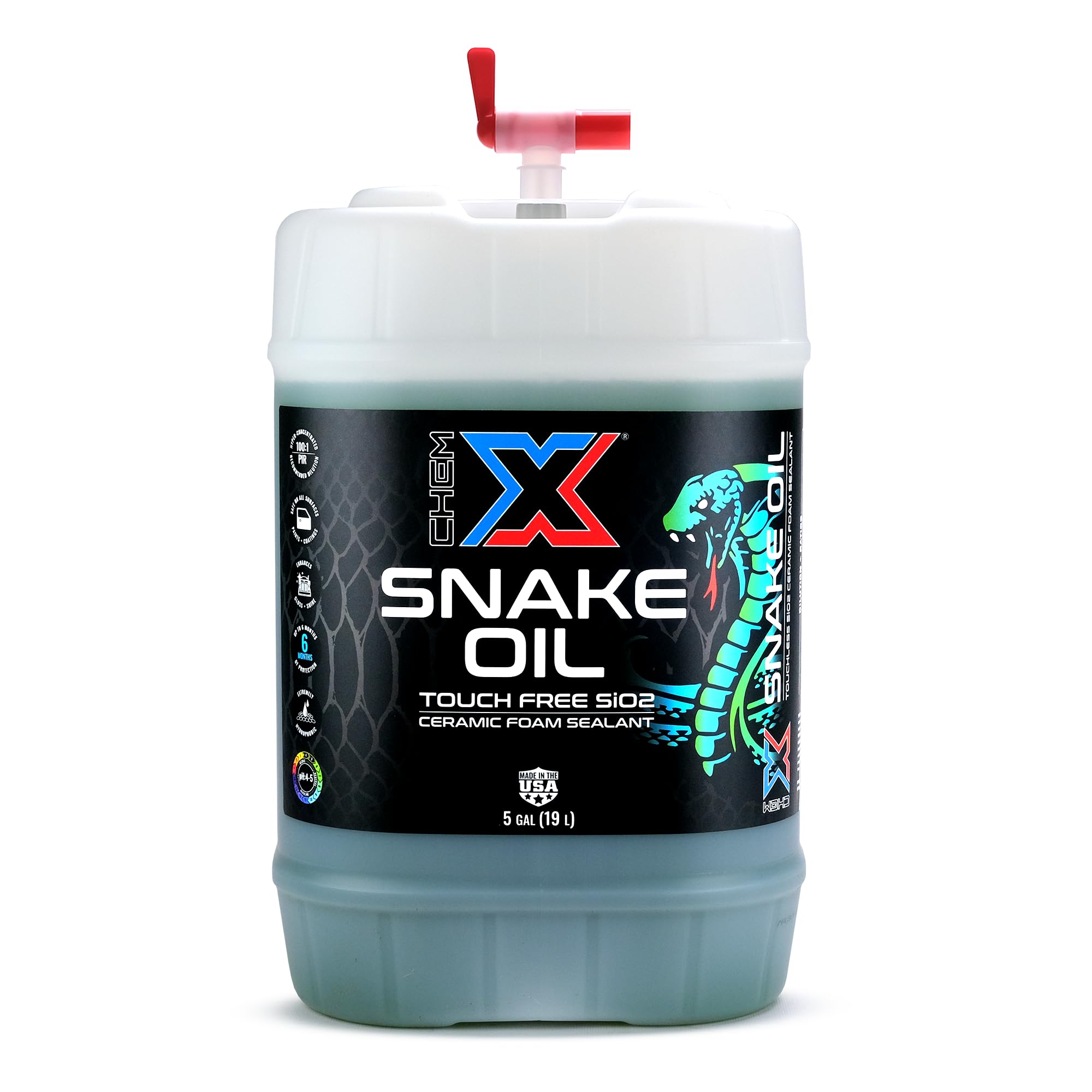 Chem-X Snake Oil: No-Touch Sio2 Lightning Fast Spray on Ceramic Foam On Sealant (Green, 5 Gallons)