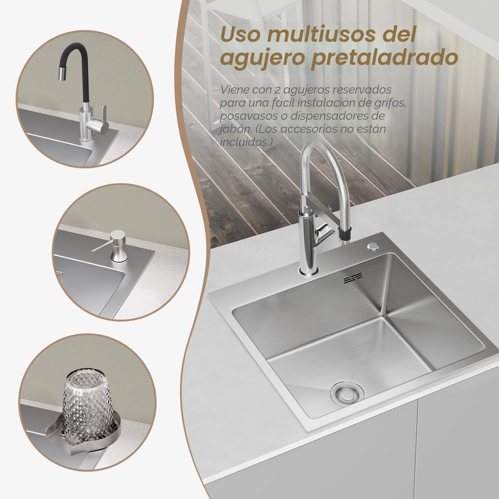 38x38 cm Fregadero de acero inoxidable, fregadero de cocina, fregadero de apoyo con 1 lavabo con juego de sifón en color acero inoxidable