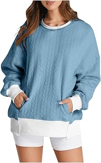 Jersey para mujer sin capucha, color bloque de color de gran tamaño, sudadera de manga larga, deportiva, jersey de torsión, jersey largo, informal, cuello redondo, camiseta ligera de manga larga