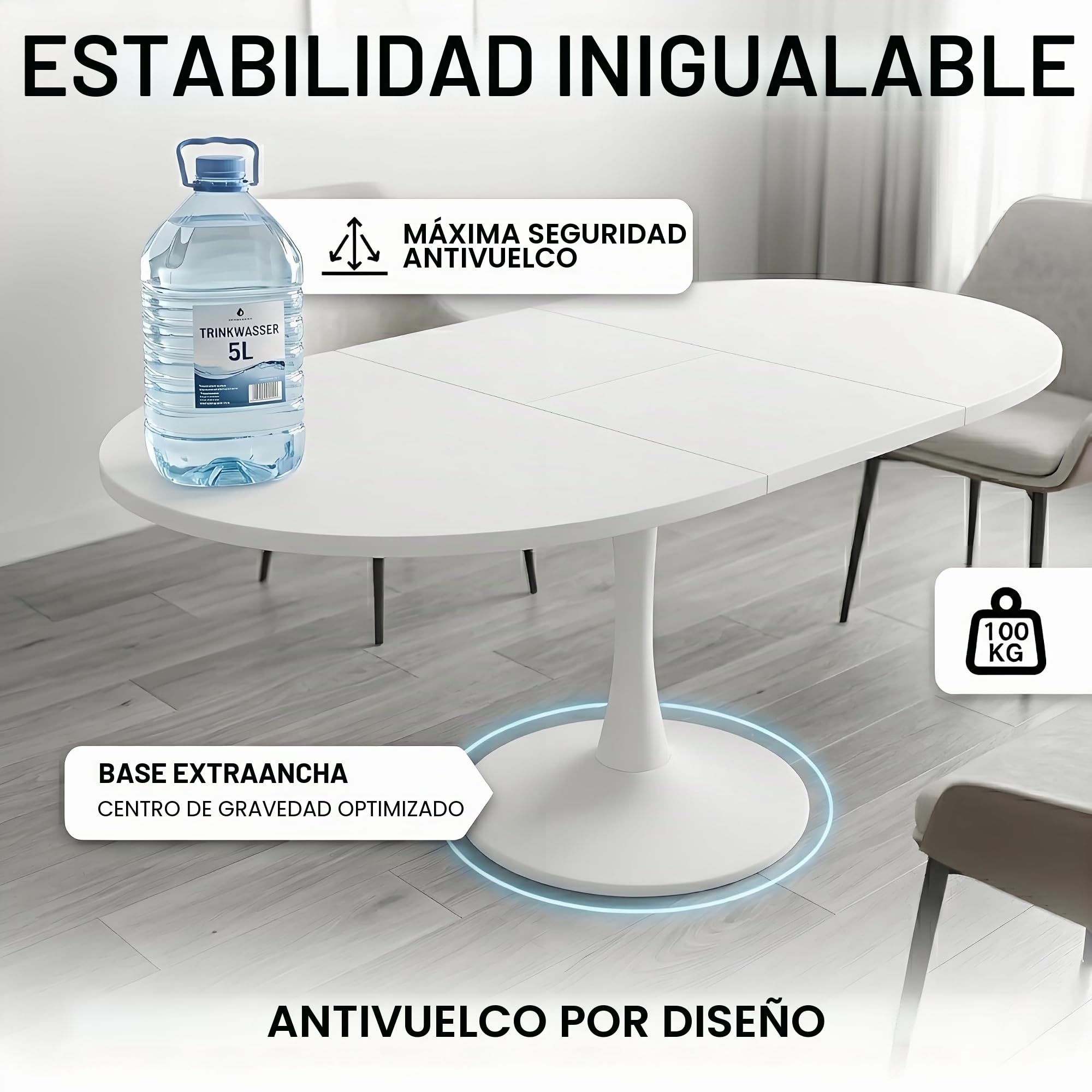 Mesa de Comedor Redonda Extensible, Blanca, 100-140 x 100 x 75 cm, para 4-6 Personas, Ideal para Comedor, Cocina y salón (A)