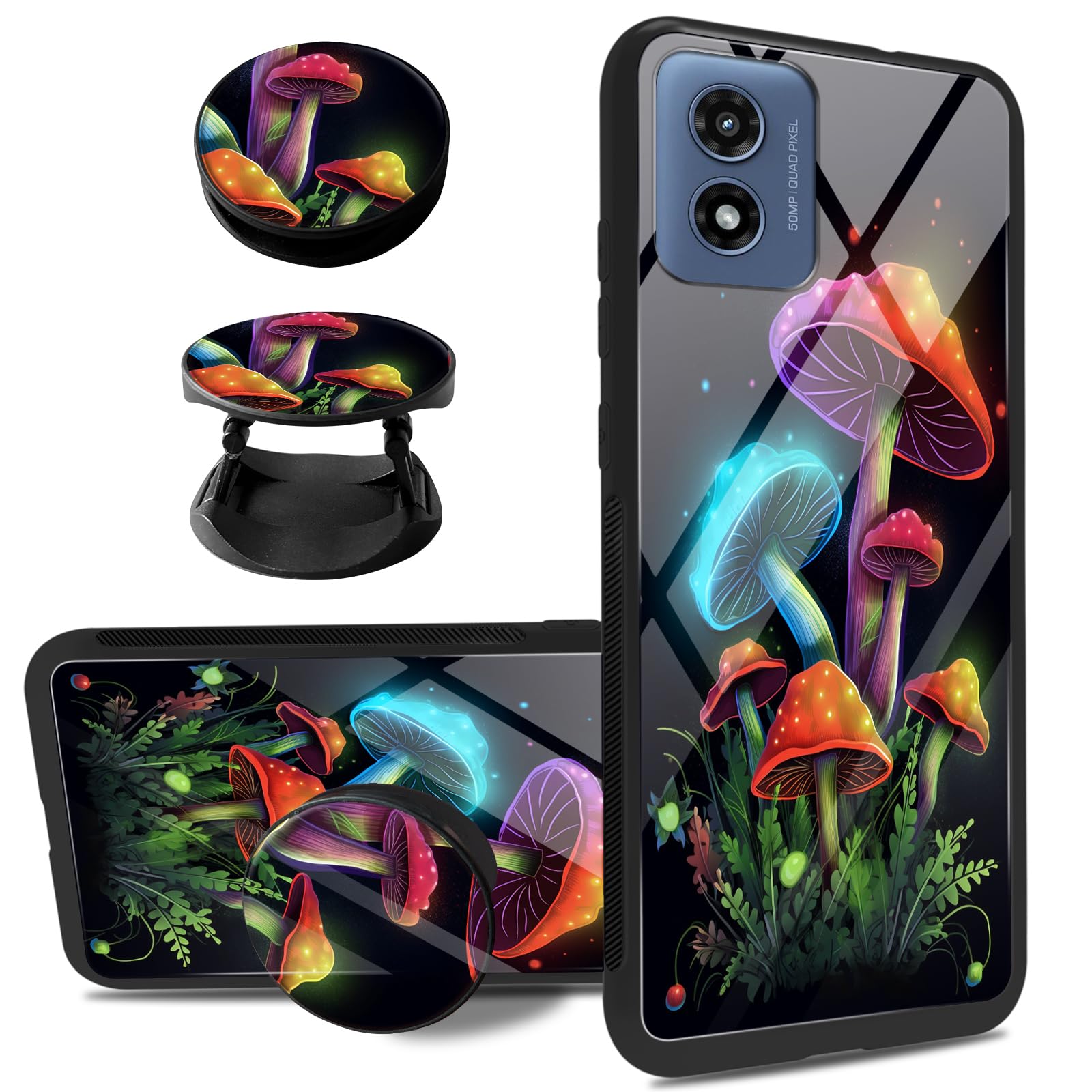 for Moto G Play 5G 2024 Case with 1 Versatile Kickstand,Women Girls Slim Phone Case Tempered Glass Back Cover Soft TPU Bumper Protective Case for Moto