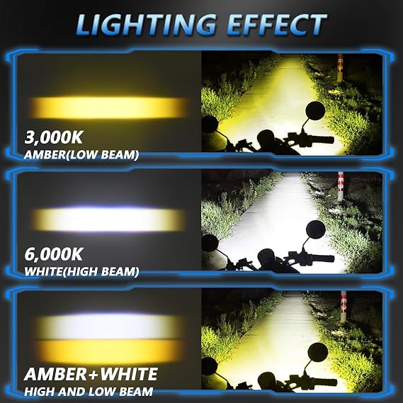 MONDEVIEW Motorcycle Auxiliary LED Light Kit Driving Spotlights Fog Lights with Mount Brackets Wire Harness Waterproof, Amber/White High & Low Beam, Compatible with Motorcycles, ATVs, and UTVs, 2PCS