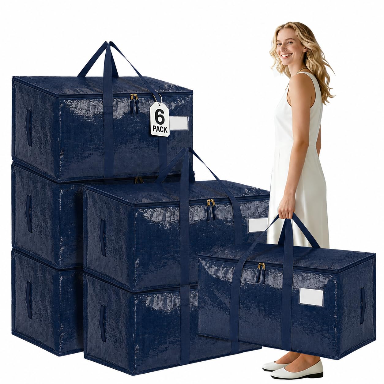 NCEDNㅤ Large Moving Boxes and Storage Bags - 6 Pack 92L Heavy Duty Extra Large Moving Bags with Reinforced Bottom, Dual Zips & Clear Window for Decoration, Bedding & Clothes Storage, Royal Blue