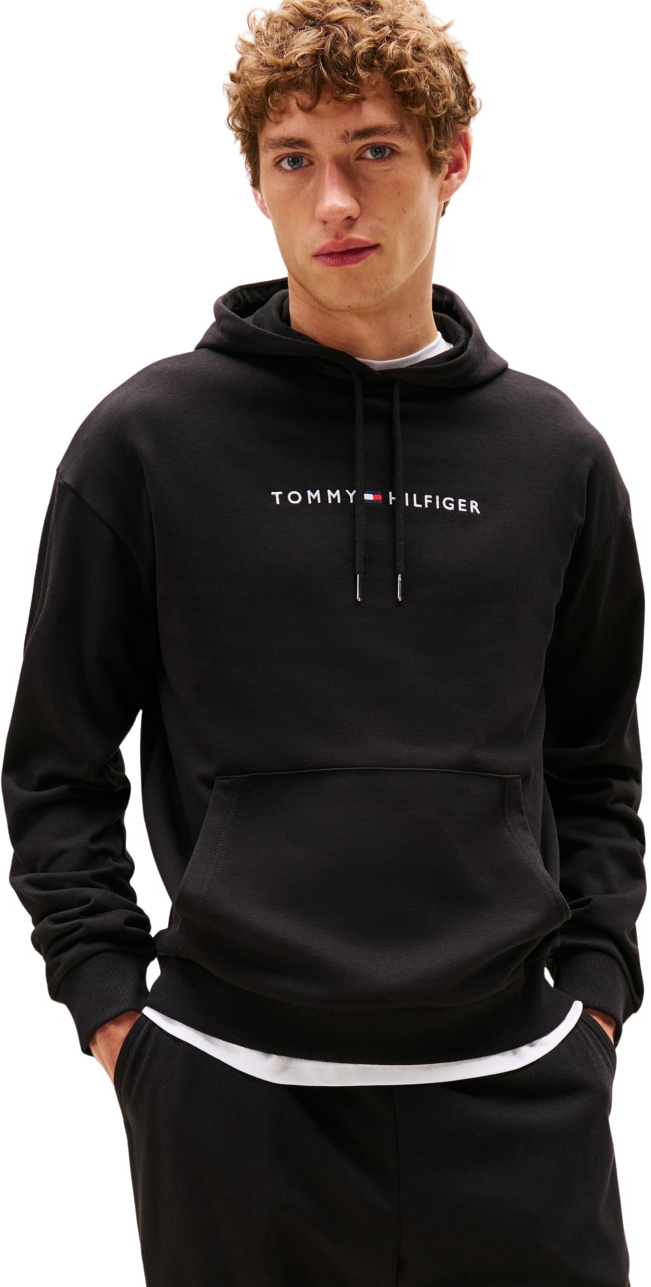 Tommy Hilfiger Linear Logo Loungewear Overhead Hoodie- Black, Black, Size L, Men
