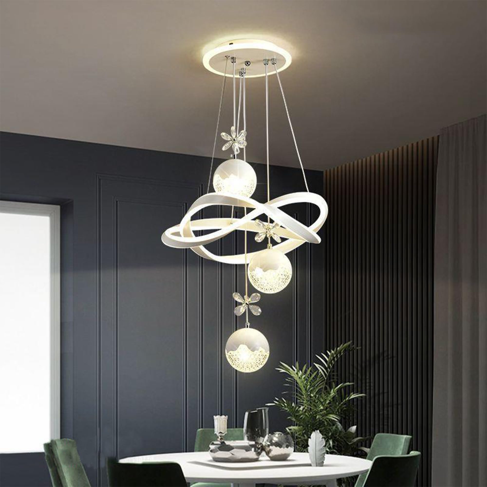 WOQuju Modern Creative LED Crystal Chandelier, Height Adjustable Pendant Light with Remote Control for Dining Room, Kitchen, Bedroom, Entrance, Living Room