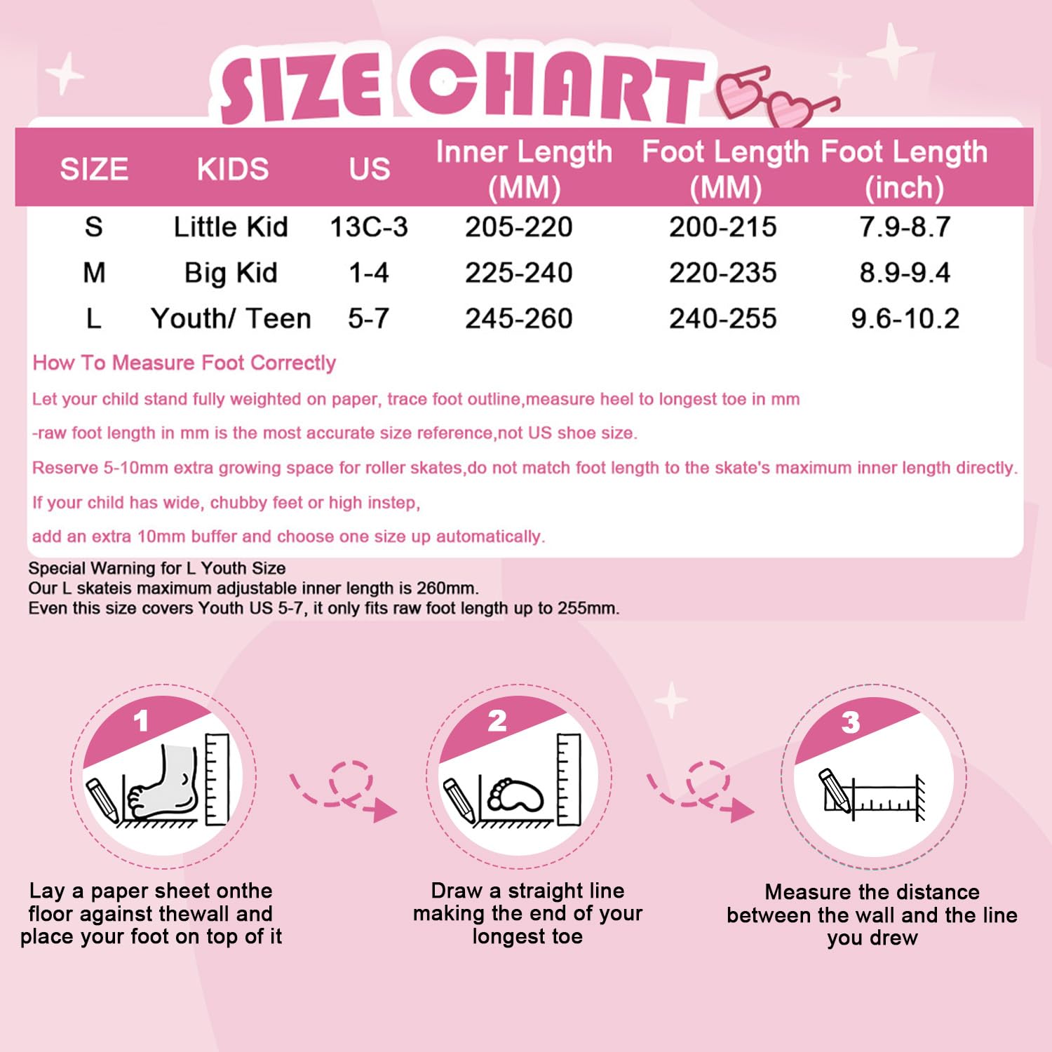 4 Sizes Adjustable Kids Roller Skates for Girls Boys Indoor Outdoor Sports, Love-Pink, Small-Little Kids - Image 7