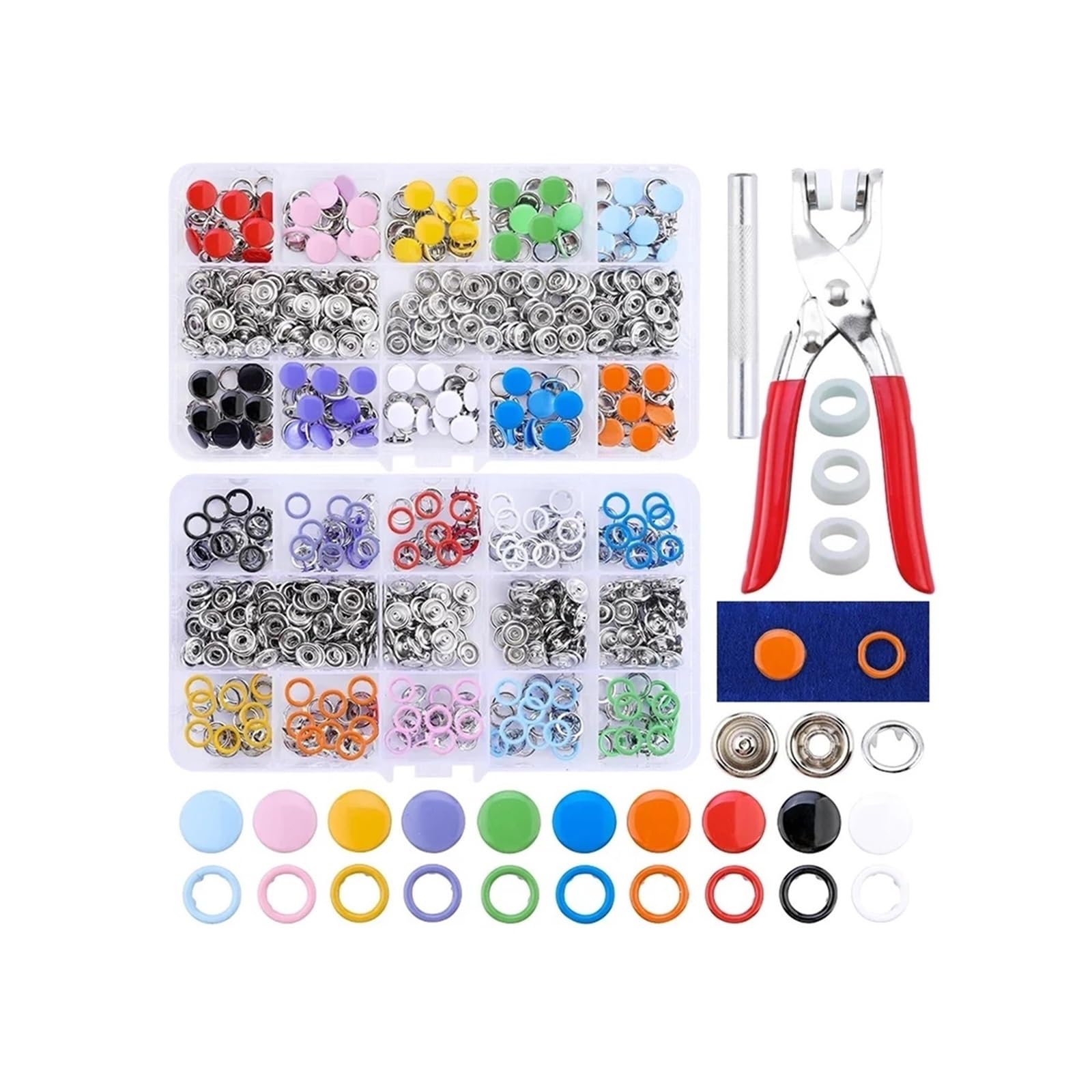 Press Studs Snap 100/200Set Snap Fasteners Kit Tool Metal Buttons Rings with Fastener Pliers Press for Clothing Sewing10 Colors(Mix-800pcs-200set)