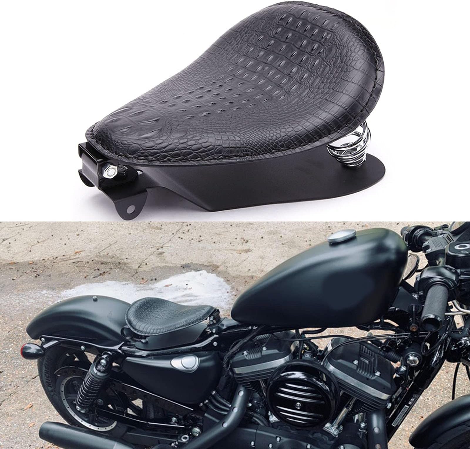 Black Crocodile Leather Solo Seat with Spring Bracket Kit Compatible with Harley Davidson Sportster XL 1200 883 48 Chopper Bobber Seats Custom