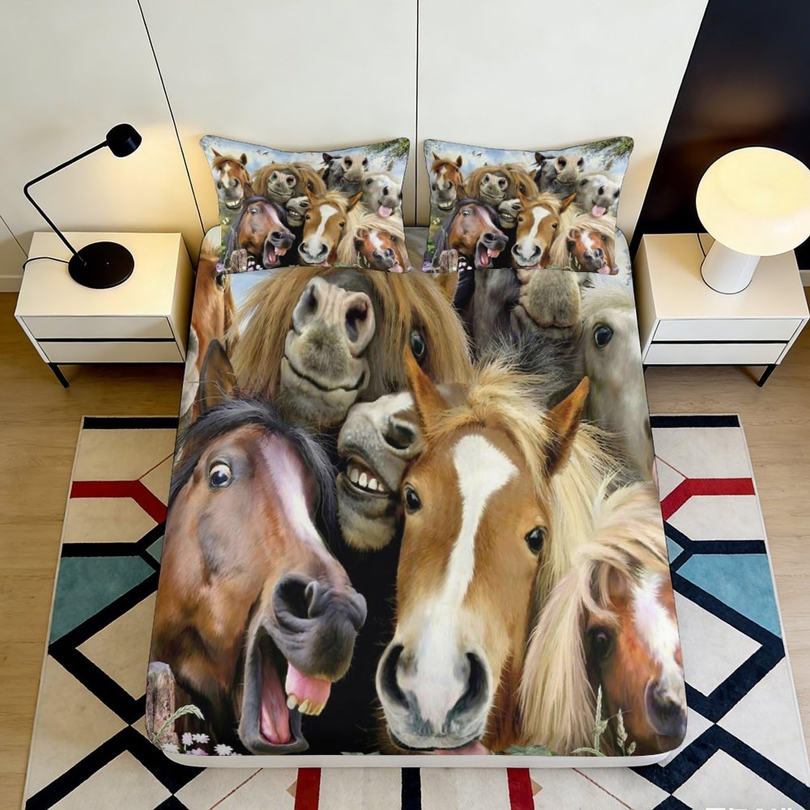 3D Printed Horse Fitted Sheet Microfiber Deep Pocket Non-Slip Elastic Hem Horse Mattress Fitted Cover Washable 140x200x25cm