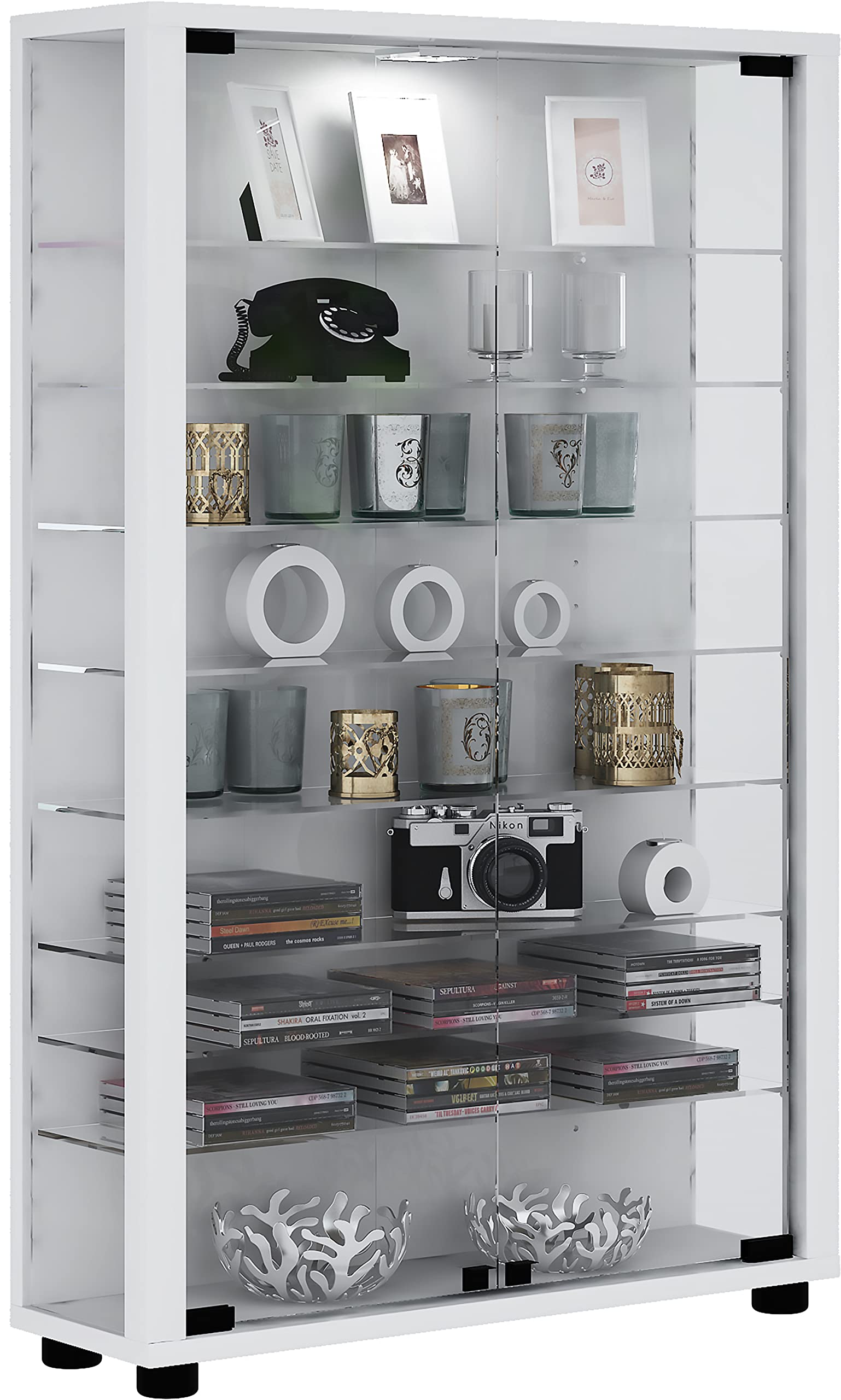 VCM Standvitrine 59x18x90 cm 2 Türen 9 Fächer Glas Holzwerkstoff