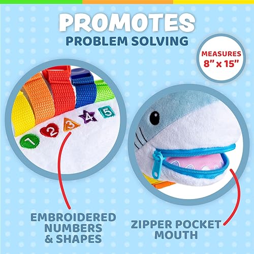 Miniatura 3 de Buckle Toys - Peluche de tiburón Bruce - Juguete de viaje Montessori para niños pequeños - Desarrolla habilidades motoras y resolución de problemas