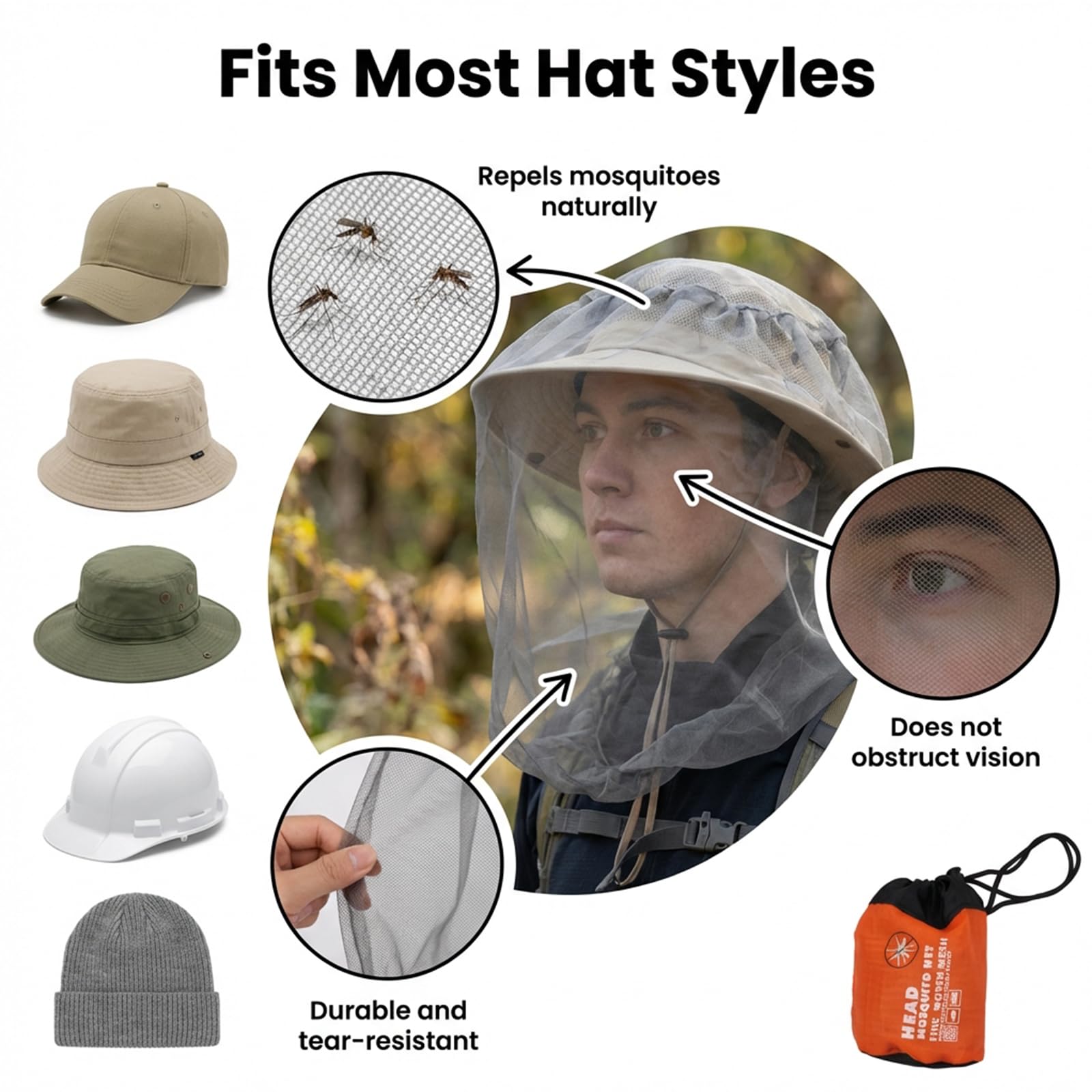 3 zanzariera, rete di protezione per la testa, zanzariera con maglie extra sottili, zanzariera per cappello, zanzariera, per giardinaggio, campeggio, escursionismo, pesca, apicoltura
