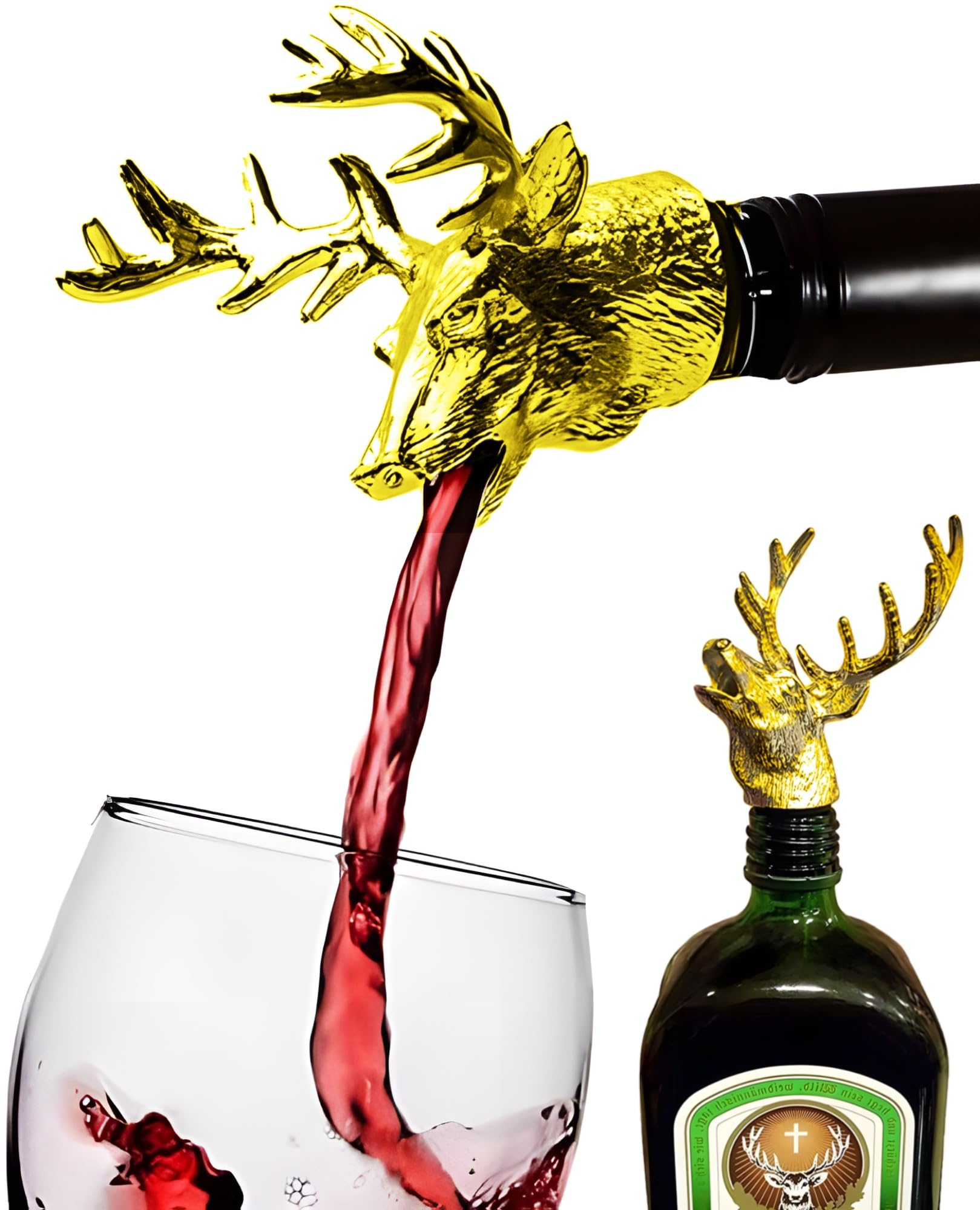 24x7 eMall Gold Stag Head Liquor Bottle Pourer Liquor Pour Spout 1Pc Deer Head Bottle Tipping Nozzle Silicone Stoppers Gold for Bars Homes Party