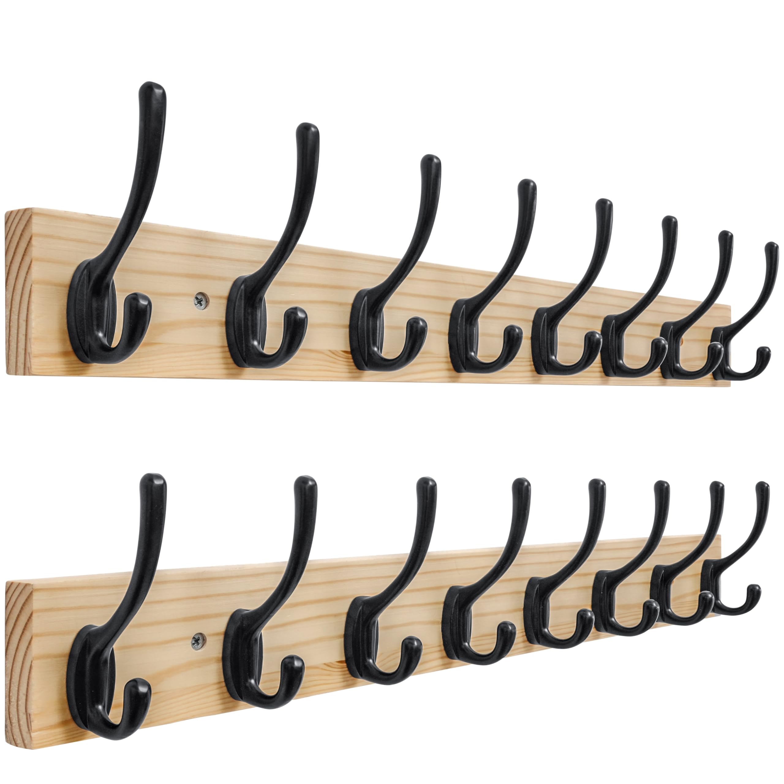 SKOLOO Solid Pine Wood Wall Mounted Coat Hooks, 56cm Long, Pack of 2, 8-Hook Modern Entryway Organizer with 16" Stud Installation, for Hallway, Bathroom, Kitchen (Natural Wood & Black Hooks)​