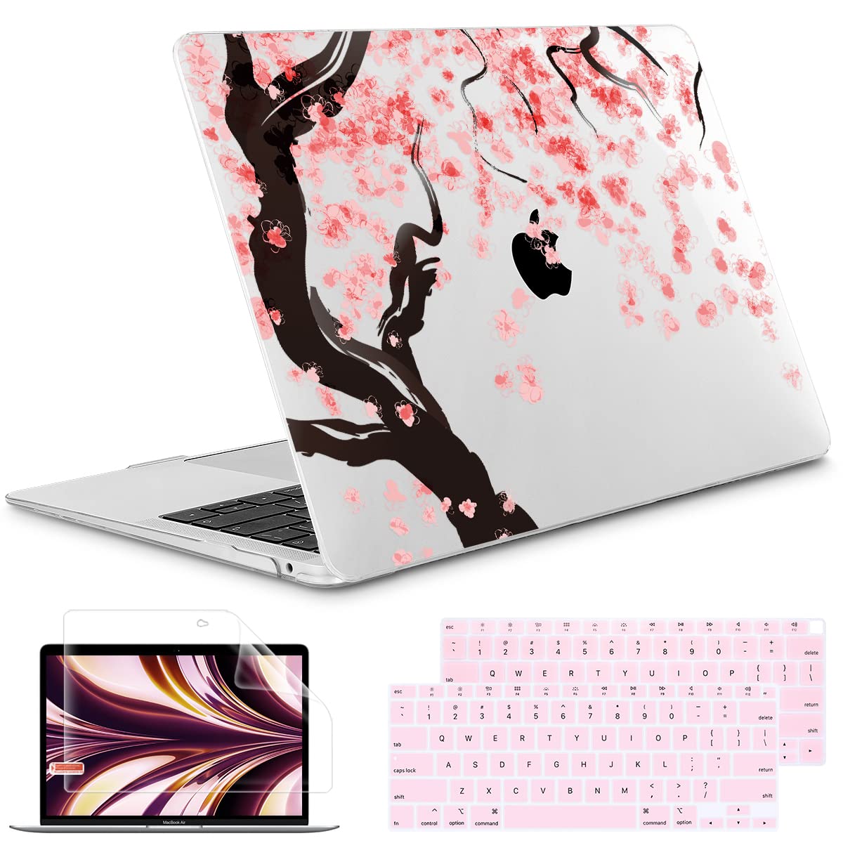 Redlai Girl Style Romantic Cherry Blossom Print Hard case with Keyboard Cover & Dust Plug Protector case for MacBook Air 13.3" with Retina Display and Touch ID, Cherry Blossom
