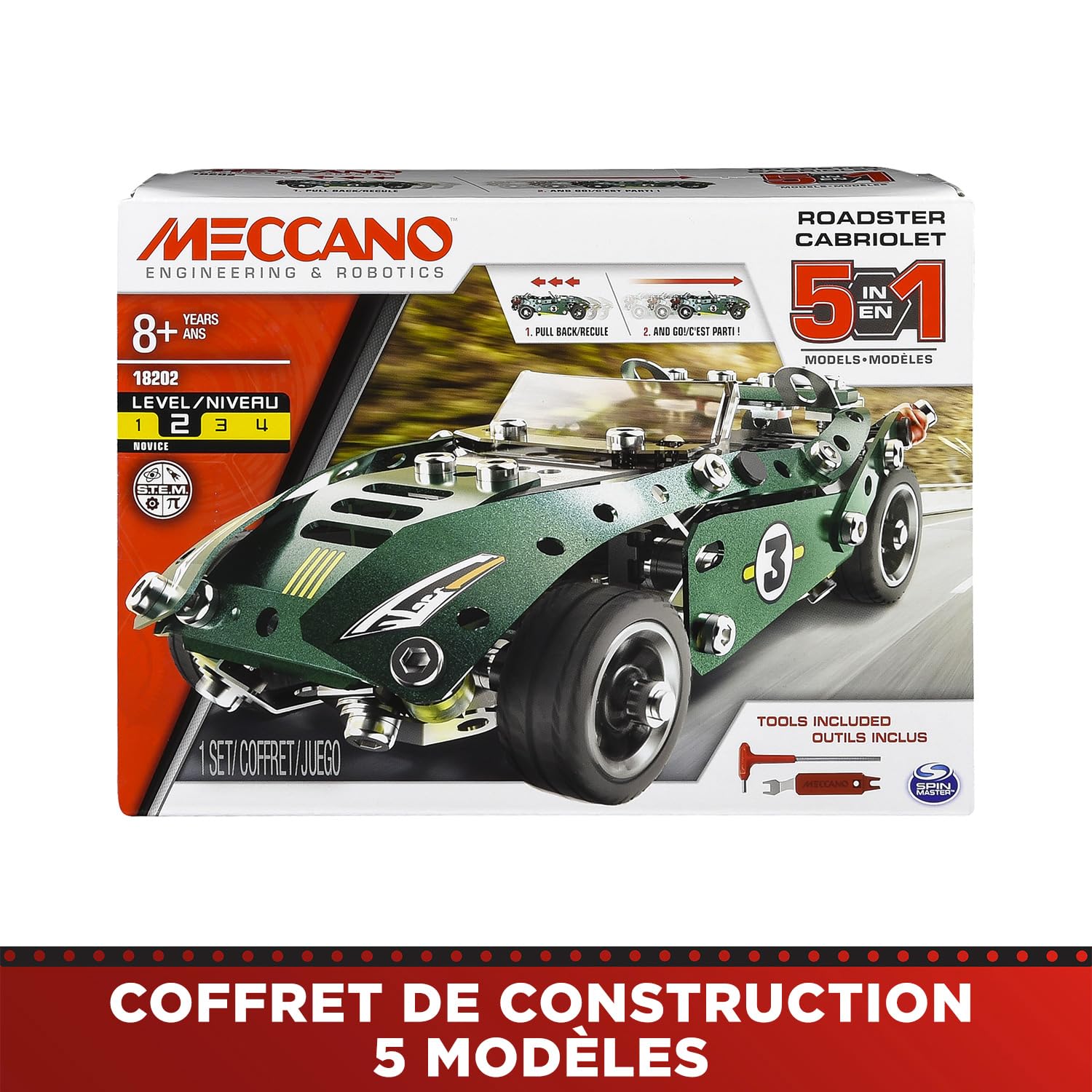 Bandai - Meccano Cabriolet Rétro Friction - Coffret de Construction 5 Modèles - 225 pièces, moteur rétro-friction, outils, notice - Kit Activité assemblage voiture - Jouet Enfant 8 ans et + - APM20102