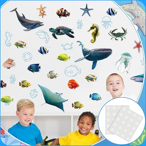 Miniatura 7 de Fulmoon 62 piezas de recortes de peces tropicales de animales del océano para aulas, decoración de tablón de anuncios, tiburones, ballenas,