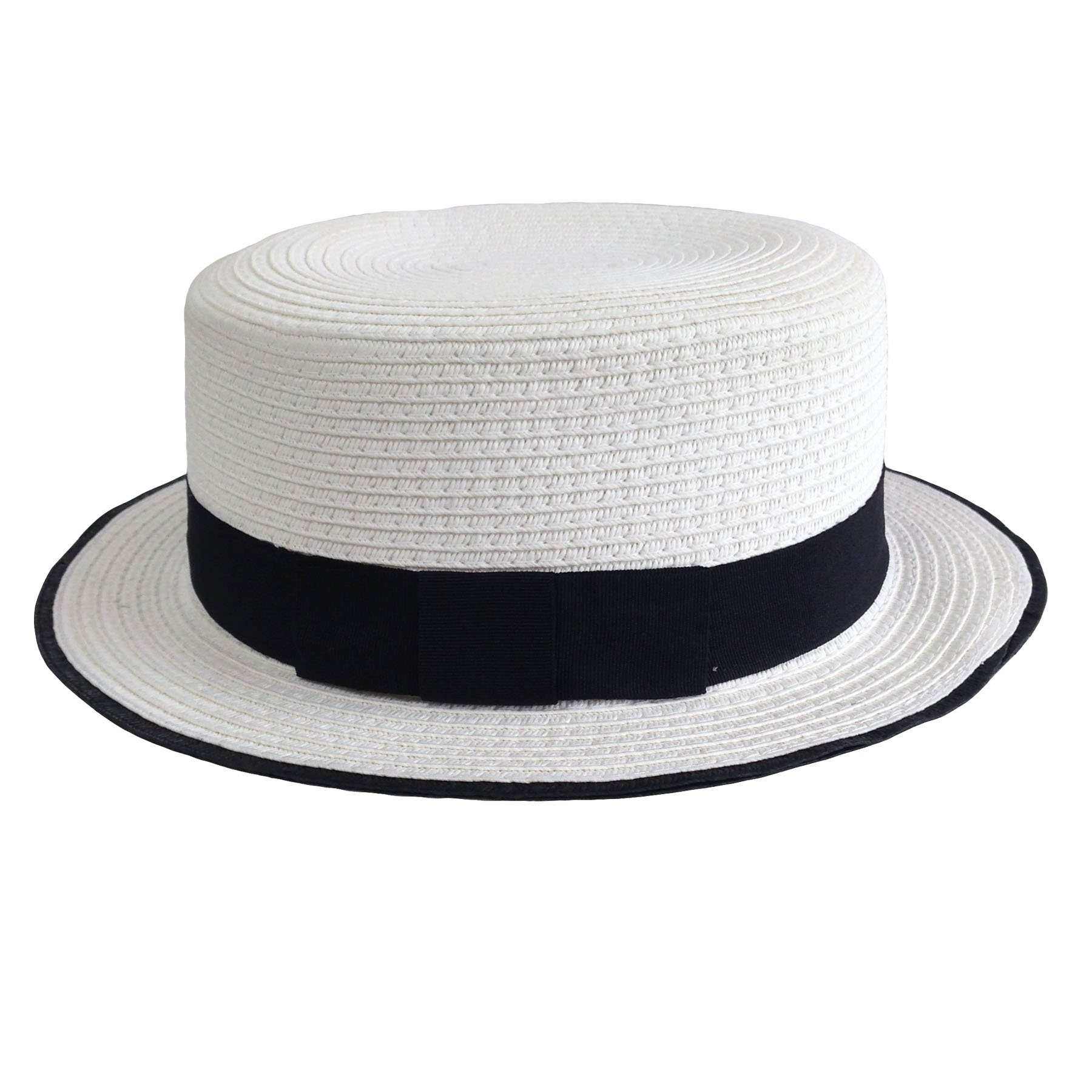ACVIP Women's Summer Straw Boater Hat Flat Top Sun Hats (White with Black Trim)