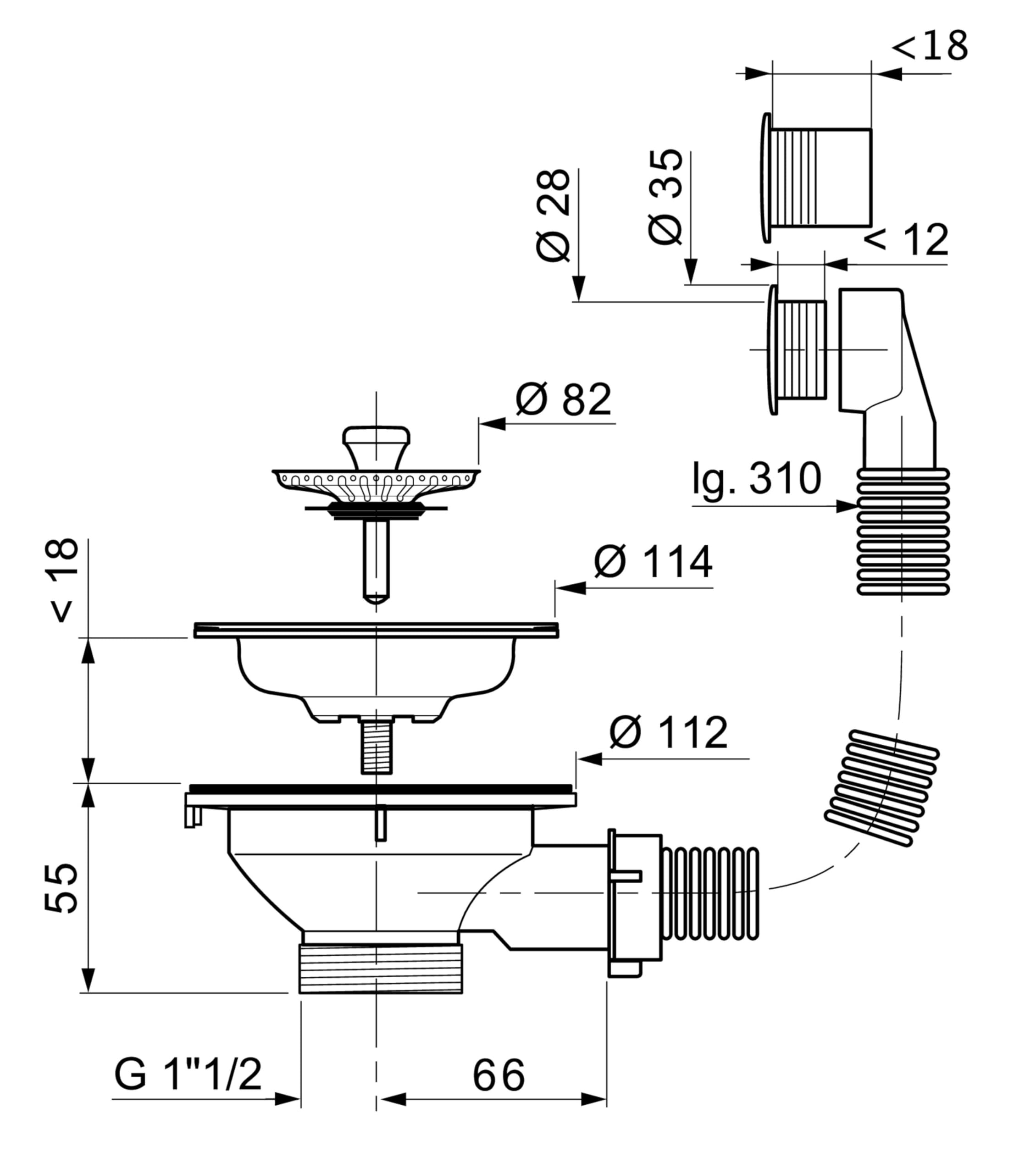 Wirquin 30723117 Bonde pour évier ø90 1 bac, plastique et métal, avec trop-plein exterieur, chromé, Blanc